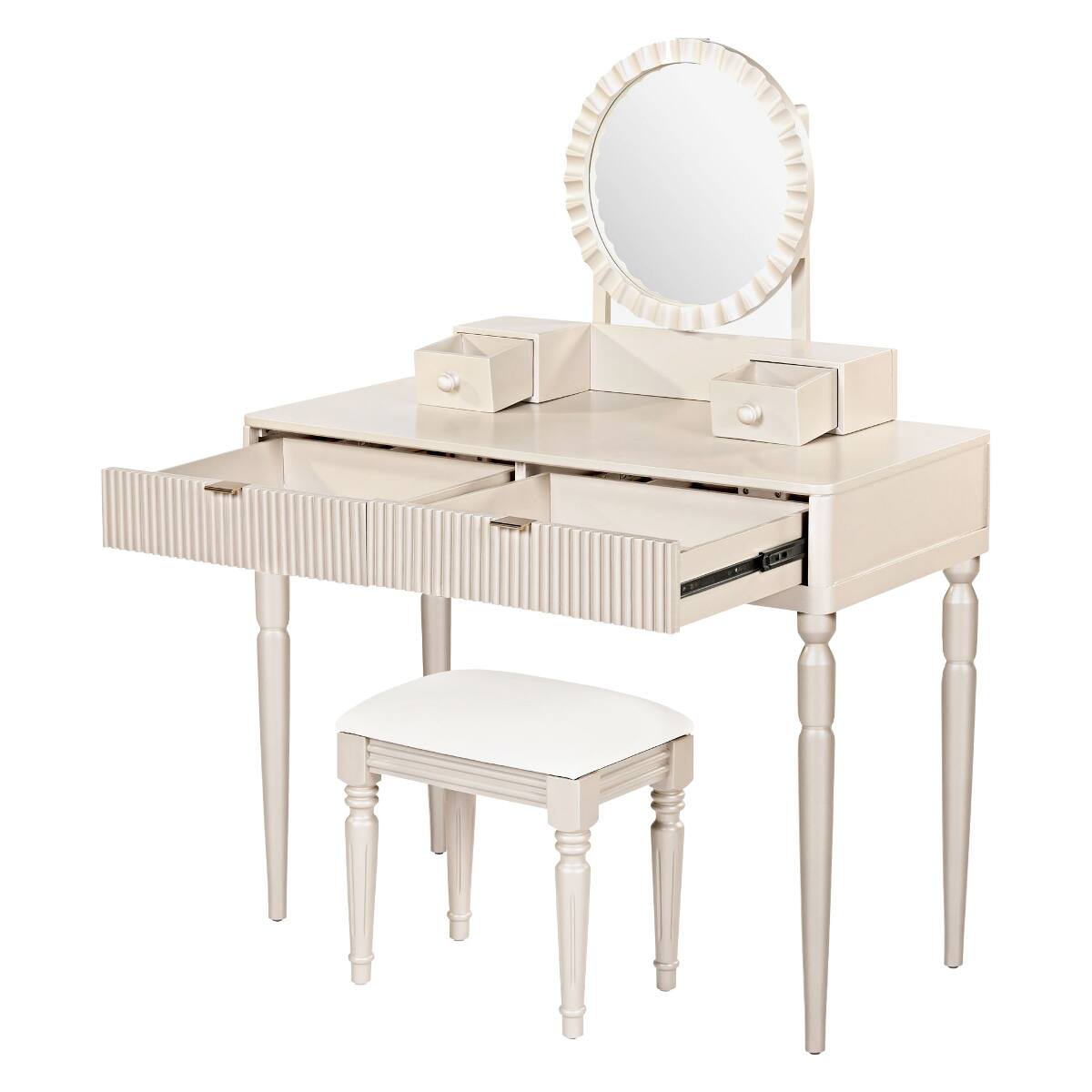 Alt View 3. Loheer - Loheer Makeup Vanity Table with Round Mirror, Champagne, Four Drawers and Stool - Champagne.