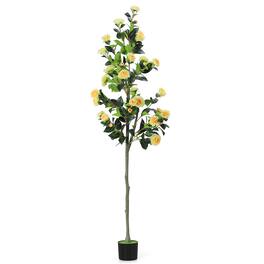 Oumilen - 6FT Artificial Camellia Flowers Tree, Fake Plant Plastic Potted with Faux Greenery Leaves Outdoor Indoor Home Decor