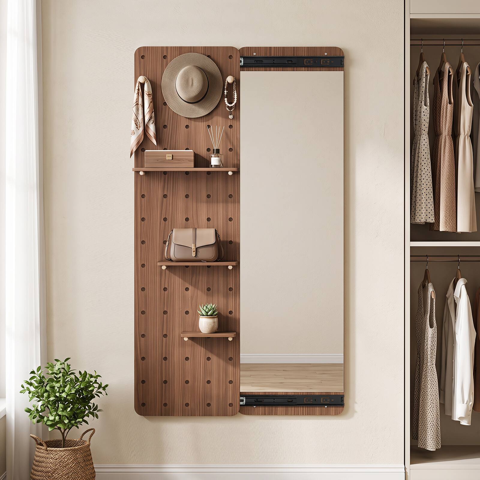 Alt View 1. Costway - Costway Solid Wood Full Length Mirror & Pegboard Storage Organizer with Sliding Pegboard - Brown.