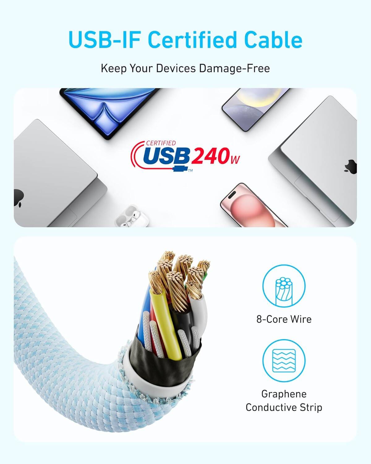 USB-IF Certified Cable  
Keep Your Devices Damage-Free  

CERTIFIED USB 240w  

8-Core Wire  
Graphene Conductive Strip