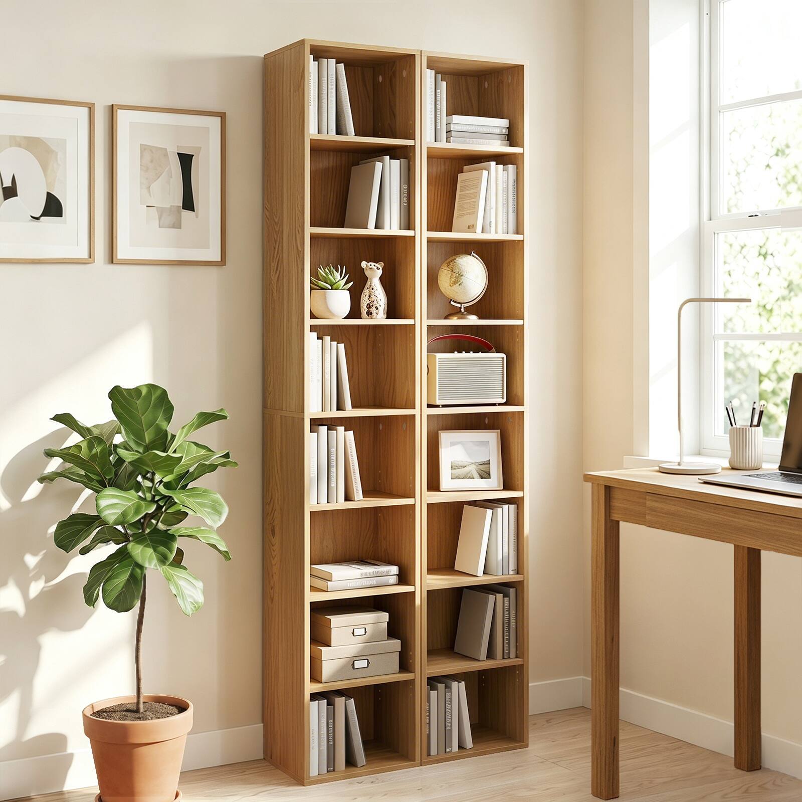 Alt View 1. Gymax - Gymax 2PCS 71'' Tall Narrow Bookshelf 8-Tier Slim Bookcase w/ 4 Adjustable Shelves Natural - Yellow.
