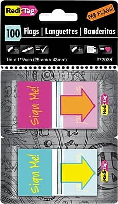 Redi-Tag - Pop-Up Fab Flags W/ Dispenser, "Sign Me!", Magenta/Orange; Teal/Yellow, 100/Pk (72038) - Magenta, Orange, Teal, Yellow