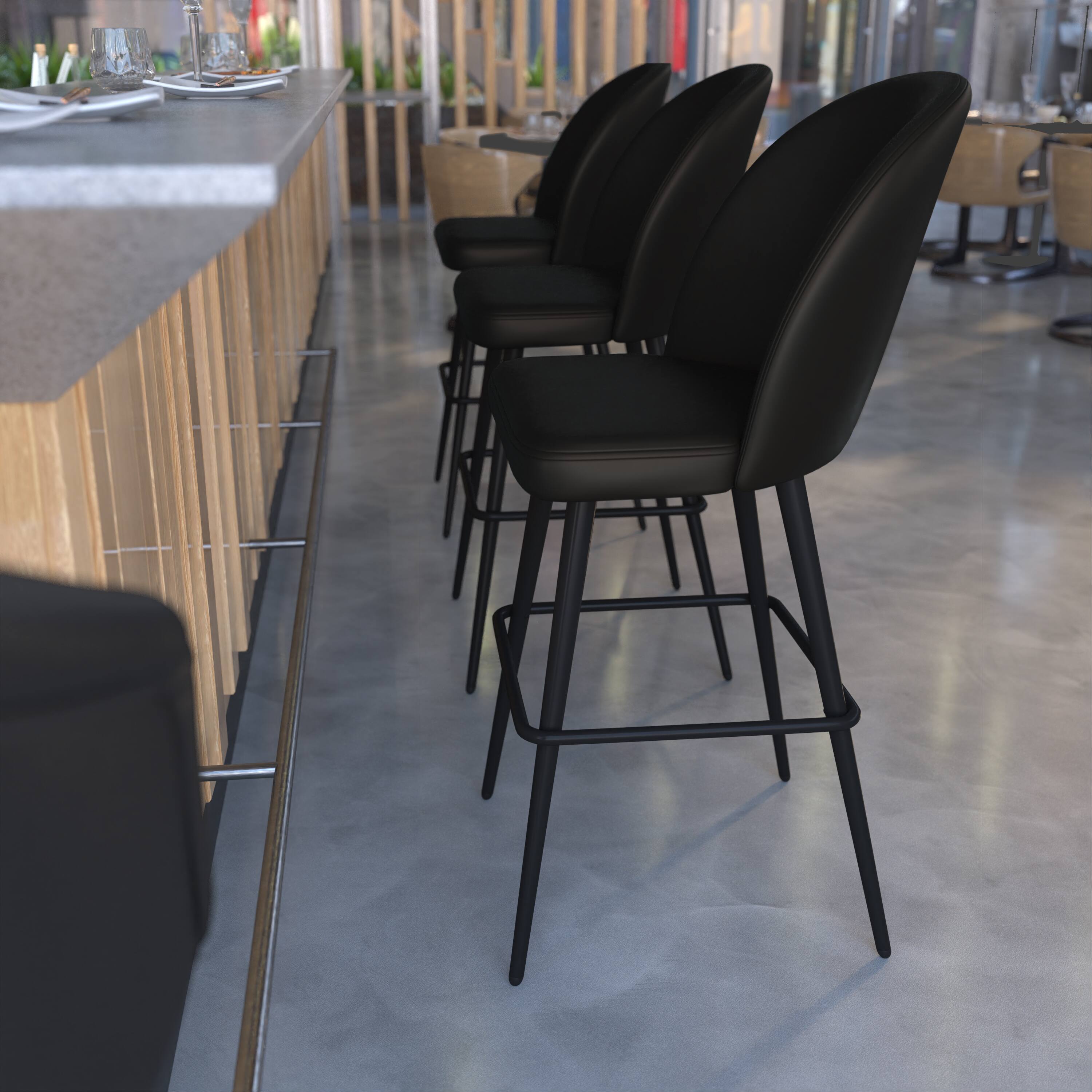 Alt View 4. Emma + Oliver - Leta Modern Upholstered Dining Stools with Contoured Backs & Powder Coated Steel Legs with Floor Glides - Set of 2 - Black Faux Leather.