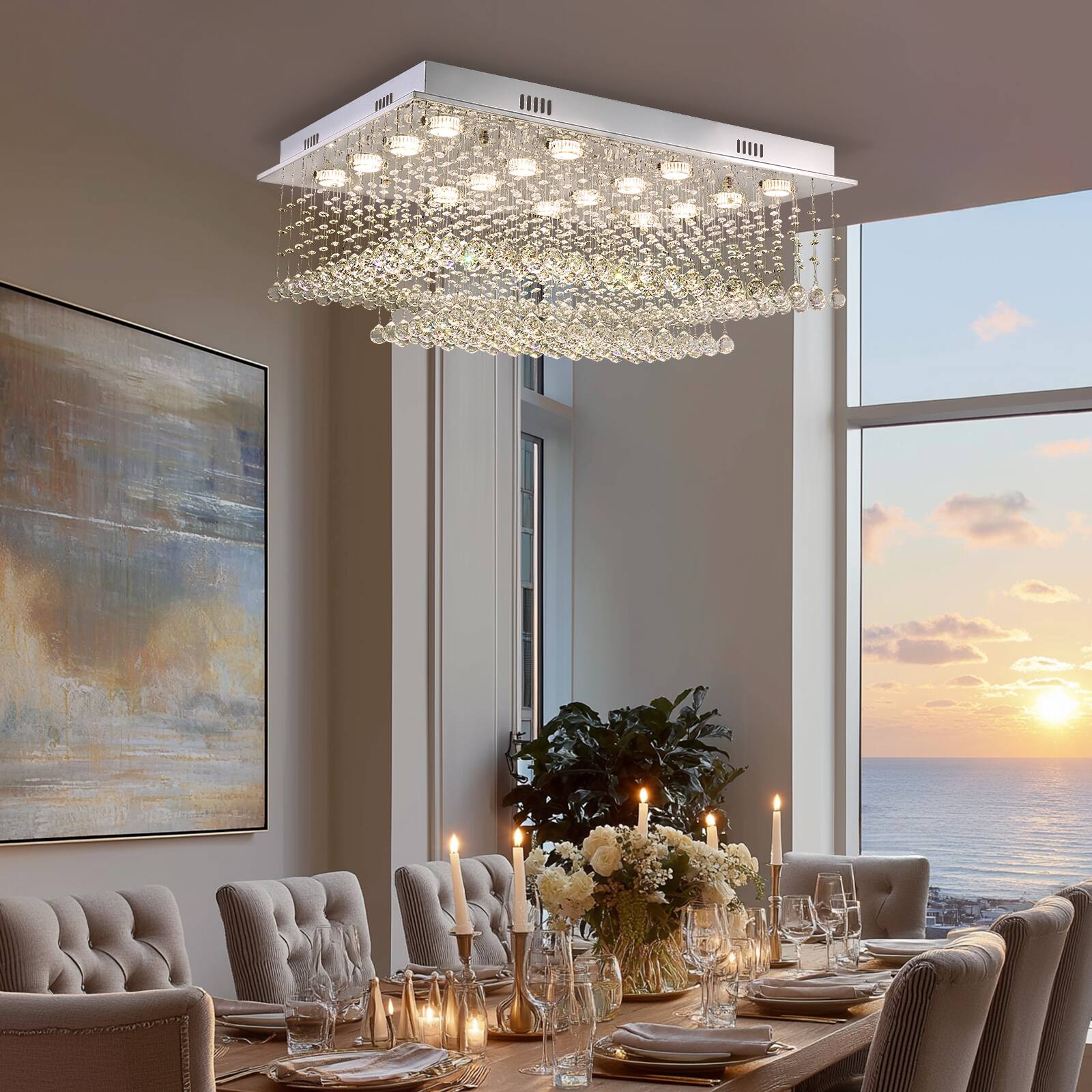 Alt View 1. Siljoy - 35.4" Luxury Rectangular K9 Crystal Flush Mount Light, Modern Waterfall Chandelier for Living Room Dining Foyer - Chrome.