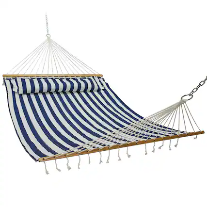 Front. Sunnydaze - Large Quilted Fabric Hammock with Spreader Bar and Pillow - Blue/White Stripe.