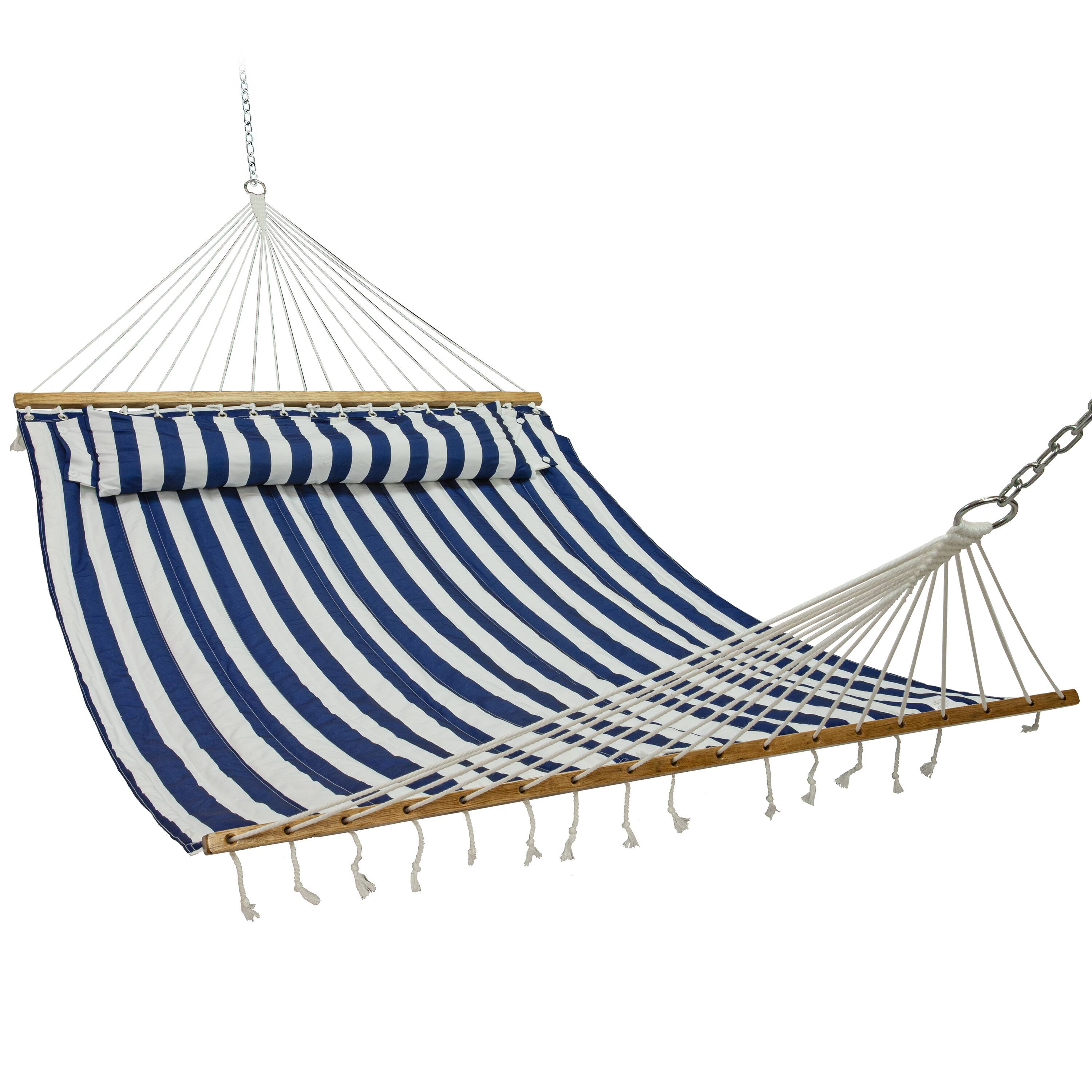 Front. Sunnydaze - Large Quilted Fabric Hammock with Spreader Bar and Pillow - Blue/White Stripe.