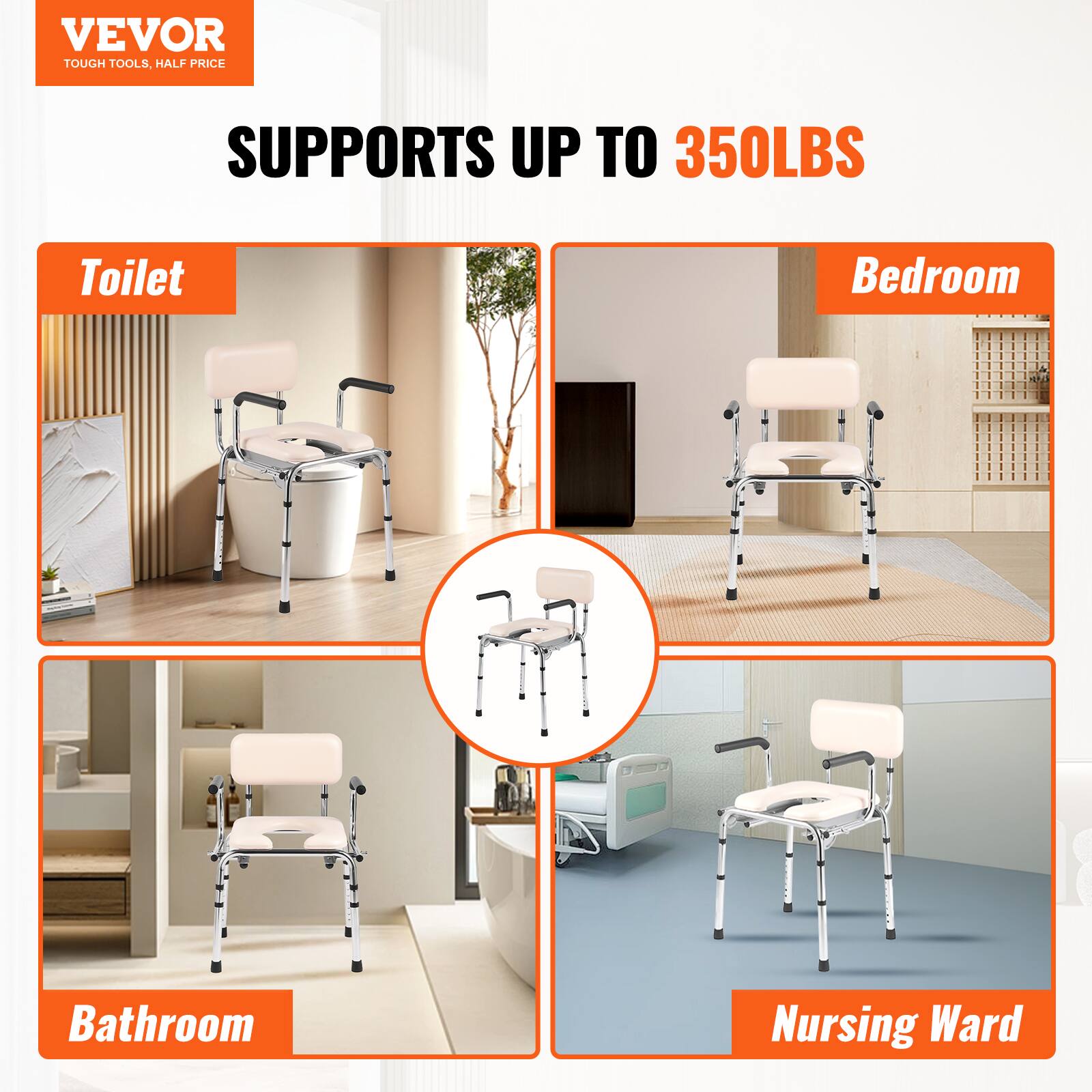 VEVOR TOUGH TOOLS. HALF PRICE
SUPPORTS UP TO 350LBS
Toilet
Bedroom
Bathroom
Nursing Ward