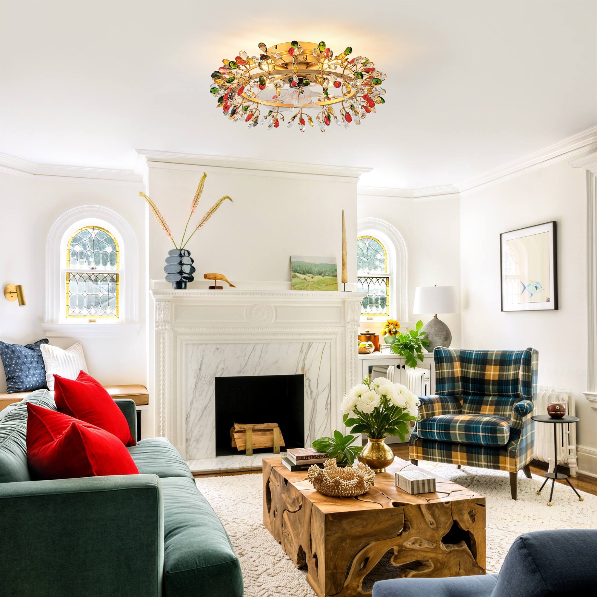 Angle. Parrot Uncle - Modern American Colourful Crystal Flush Mount Chandelier Ceiling Fan with Remote and Retractable Blades - Gold.