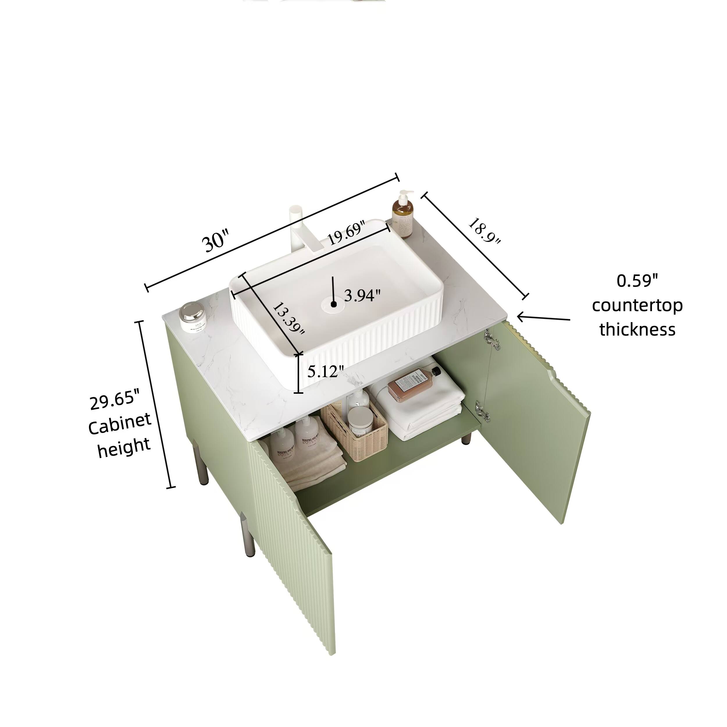 - Cabinet height: 29.65"
- Countertop thickness: 0.59"
- Sink dimensions: 19.69" x 13.39"
- Sink depth: 3.94"
- Cabinet width: 30"
- Cabinet depth: 18.9"
- Cabinet height from countertop: 5.12"