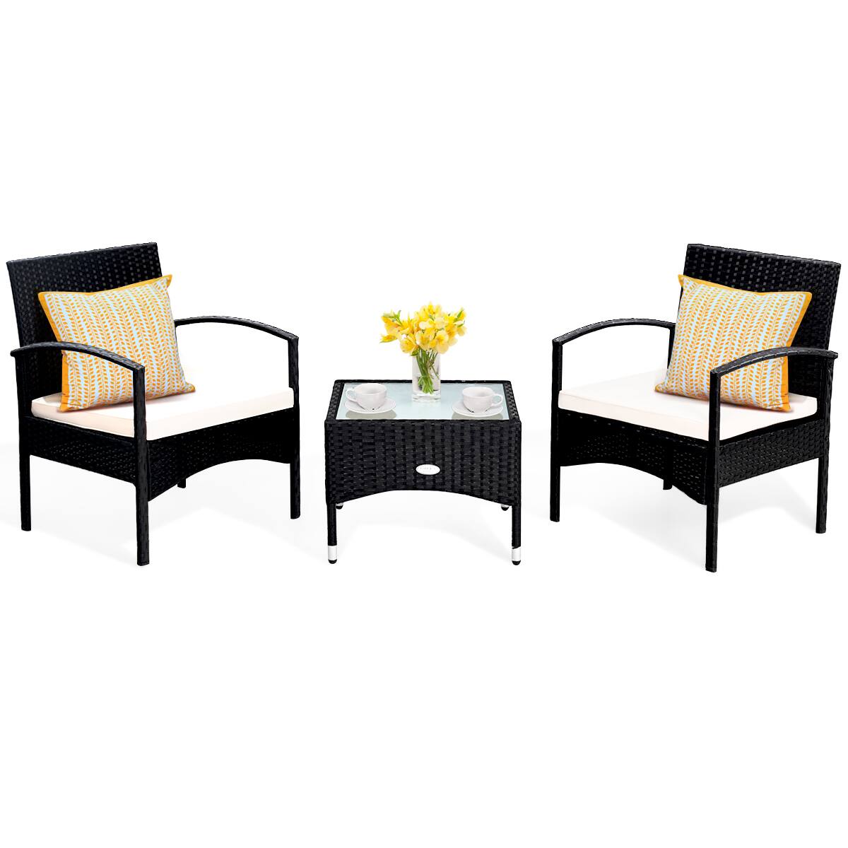 Alt View 1. Costway - Costway 3 PCS Furniture Set Table & 2 Chair Patio Wicker Rattan W/Cushion - Black.