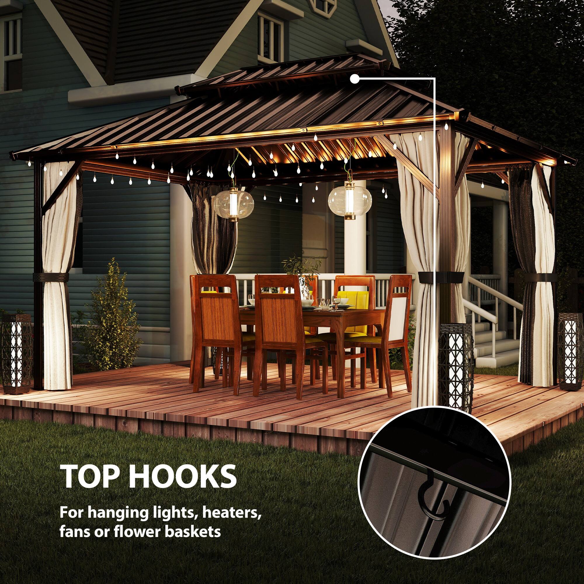 TOP HOOKS  
For hanging lights, heaters, fans or flower baskets