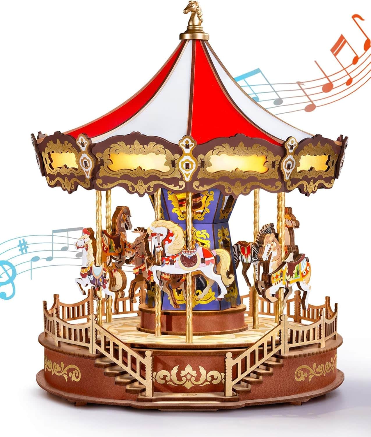 Robotime - Rolife Wooden 3D Puzzles for Adults, DIY Carousel Music Box with Chaser Lights 11.6" Model Building Kit - Brown