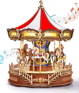 Robotime - Rolife Wooden 3D Puzzles for Adults, DIY Carousel Music Box with Chaser Lights 11.6" Model Building Kit - Brown
