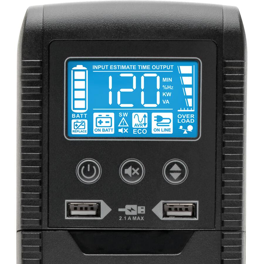 INPUT ESTIMATE TIME OUTPUT  
120 MIN %Hz KW VA  
BATT SW LOAD AVR ECO ON LINE  
OVER  
REPLACE ON BATT x ECO ON LINE x  
2.1 A MAX