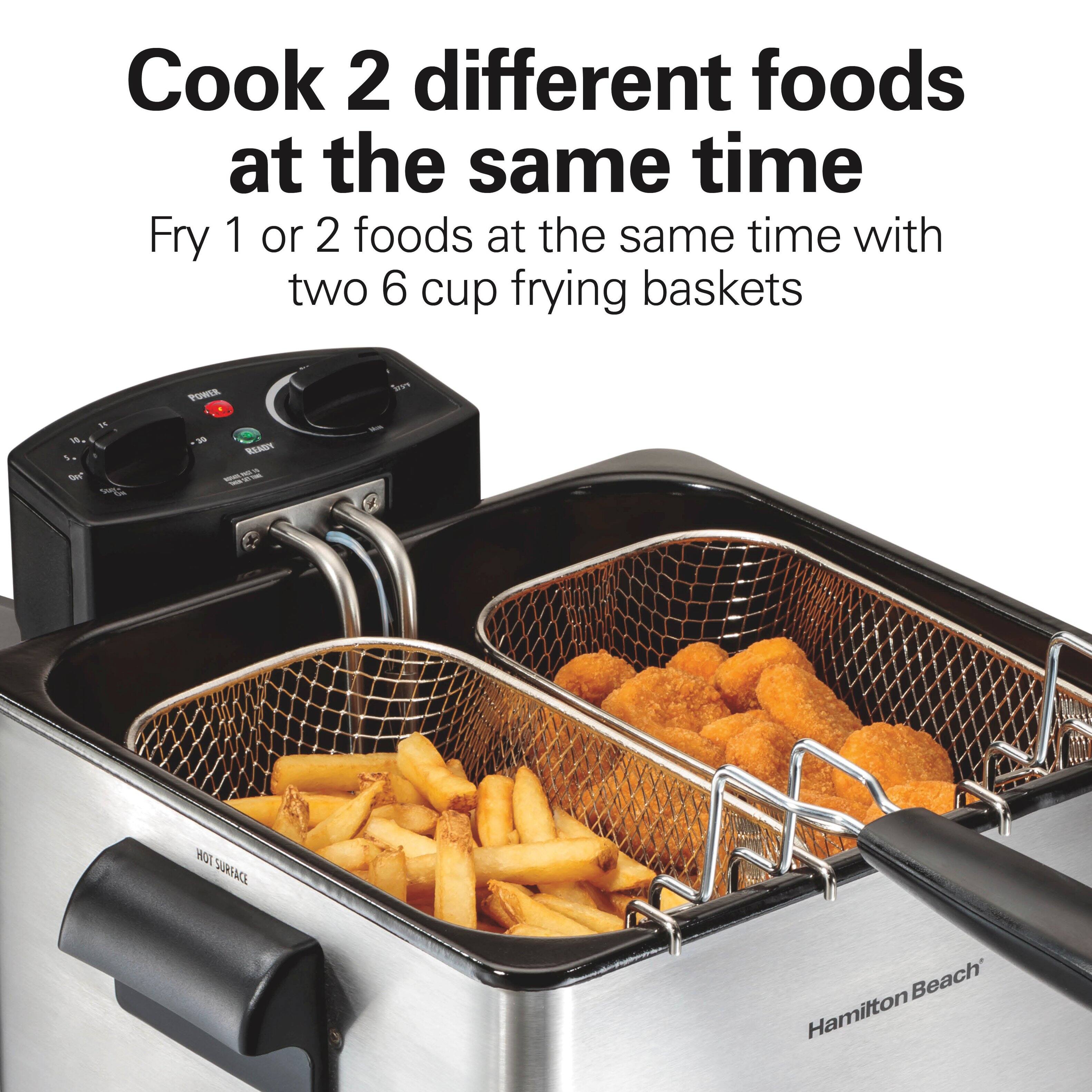 Cook 2 different foods at the same time  
Fry 1 or 2 foods at the same time with two 6 cup frying baskets