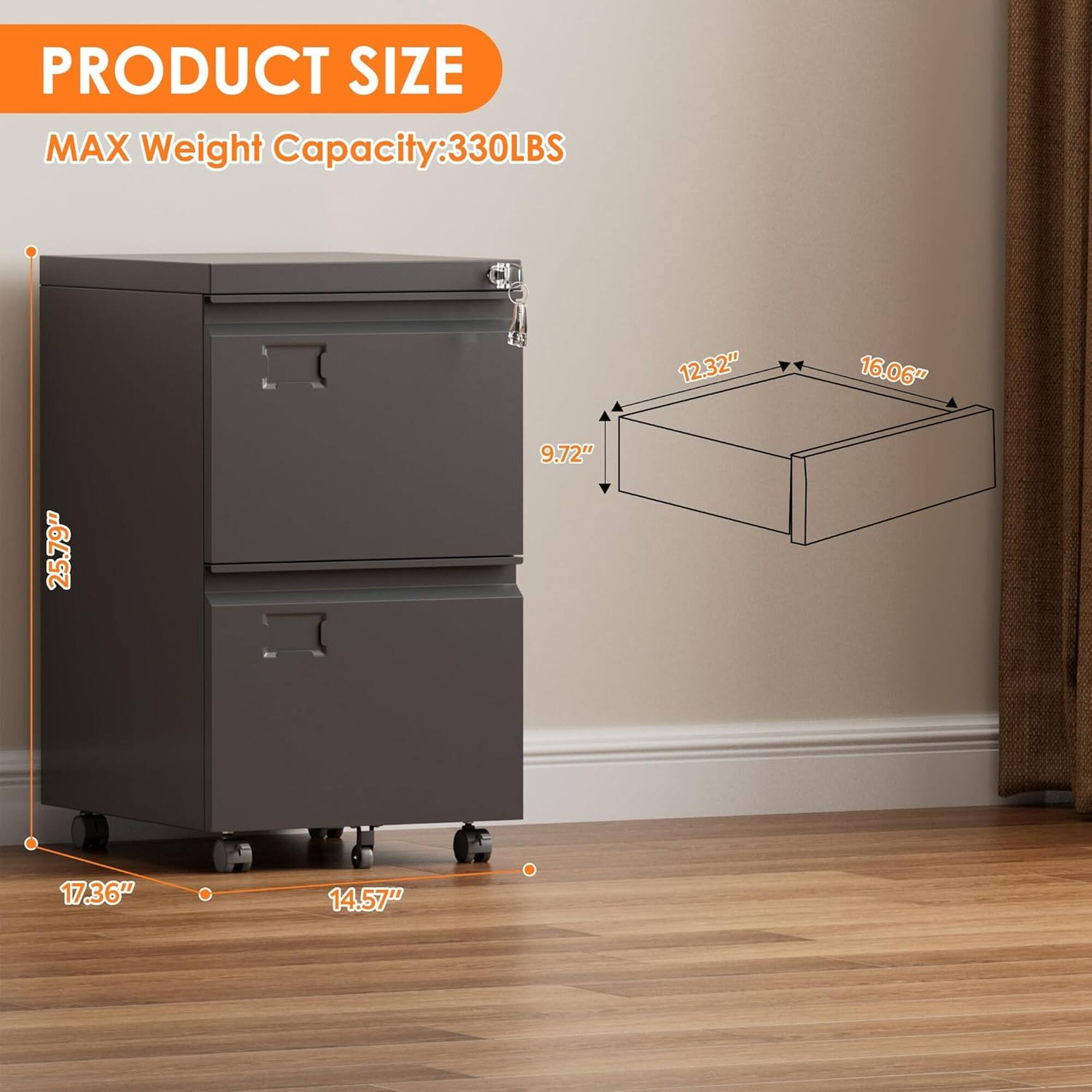 PRODUCT SIZE  
MAX Weight Capacity: 330LBS  
12.32" 16.06" 25.79" 9.72" 17.36" 14.57"