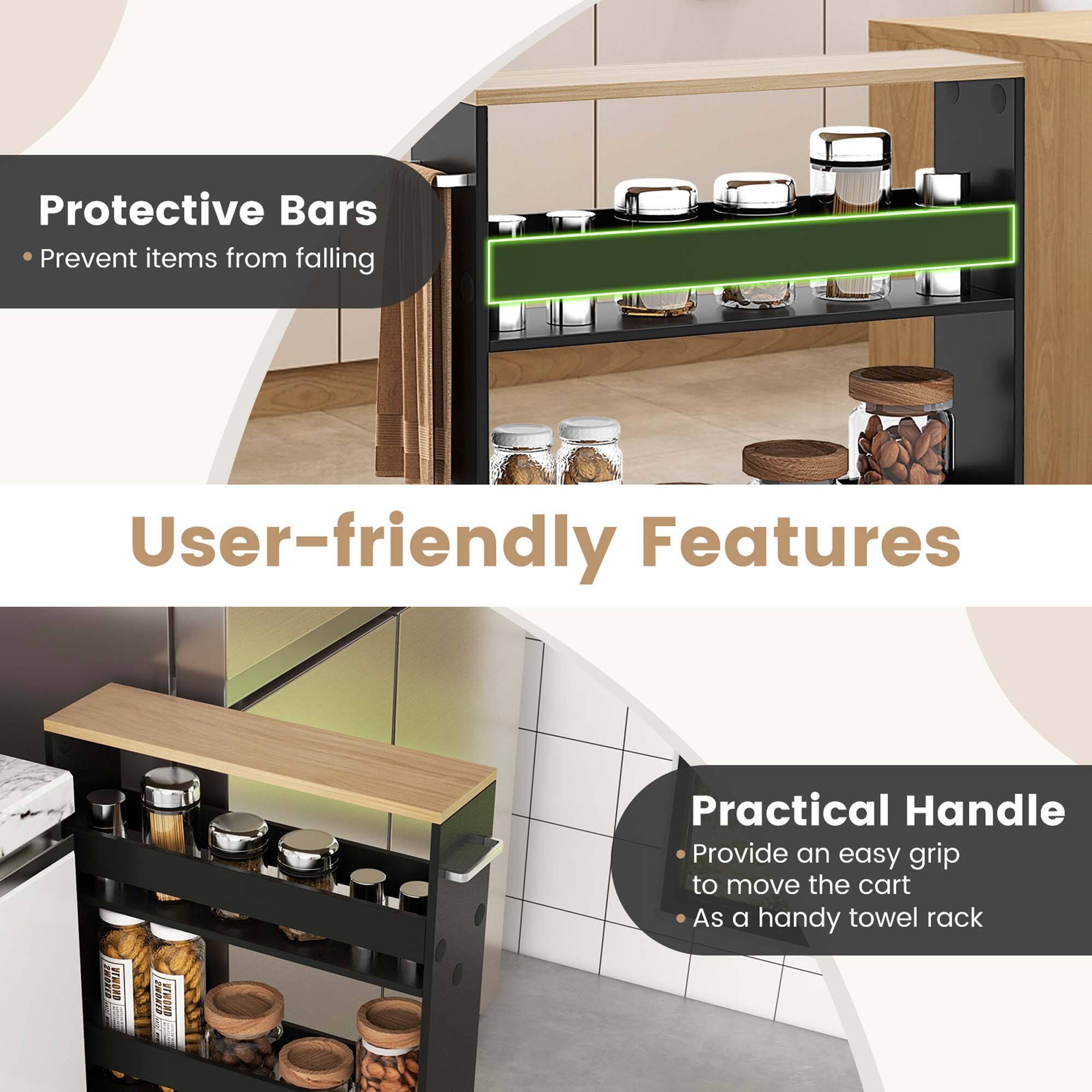 Protective Bars  
- Prevent items from falling  

User-friendly Features  

Practical Handle  
- Provide an easy grip to move the cart  
- As a handy towel rack