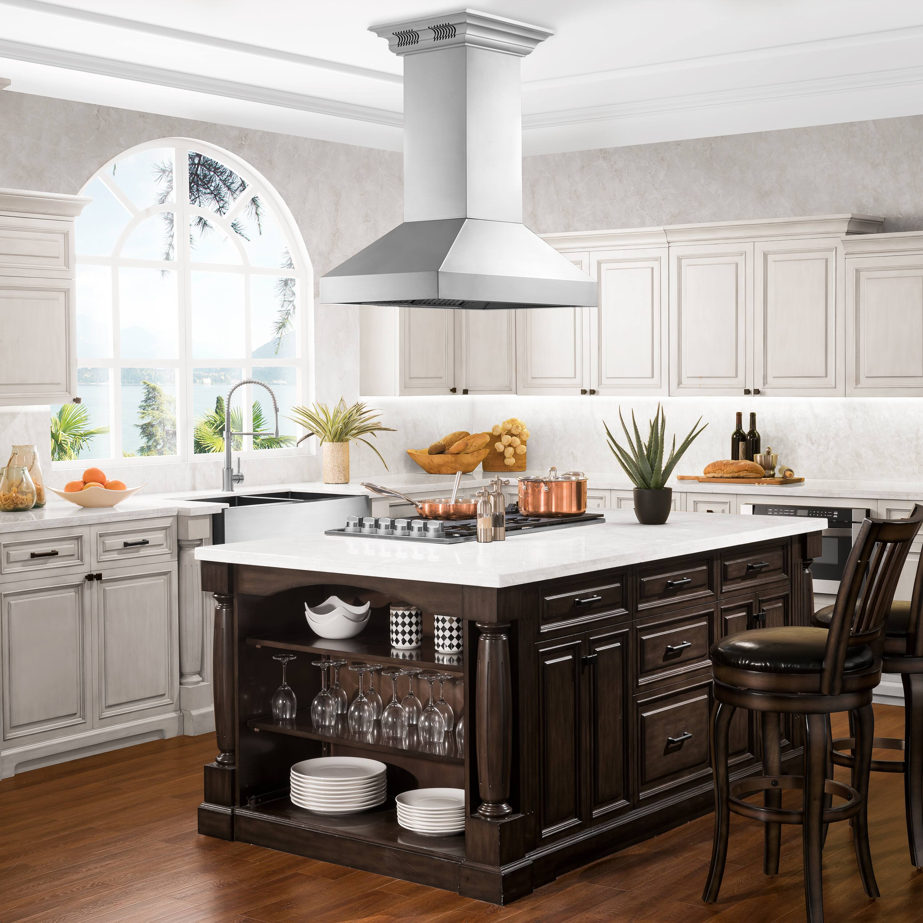 Alt View 7. ZLINE - 36 in. ZLINE CrownSound™ Ducted Vent Island Mount Range Hood in Stainless Steel with Built-in Bluetooth Speakers - Stainless Steel.