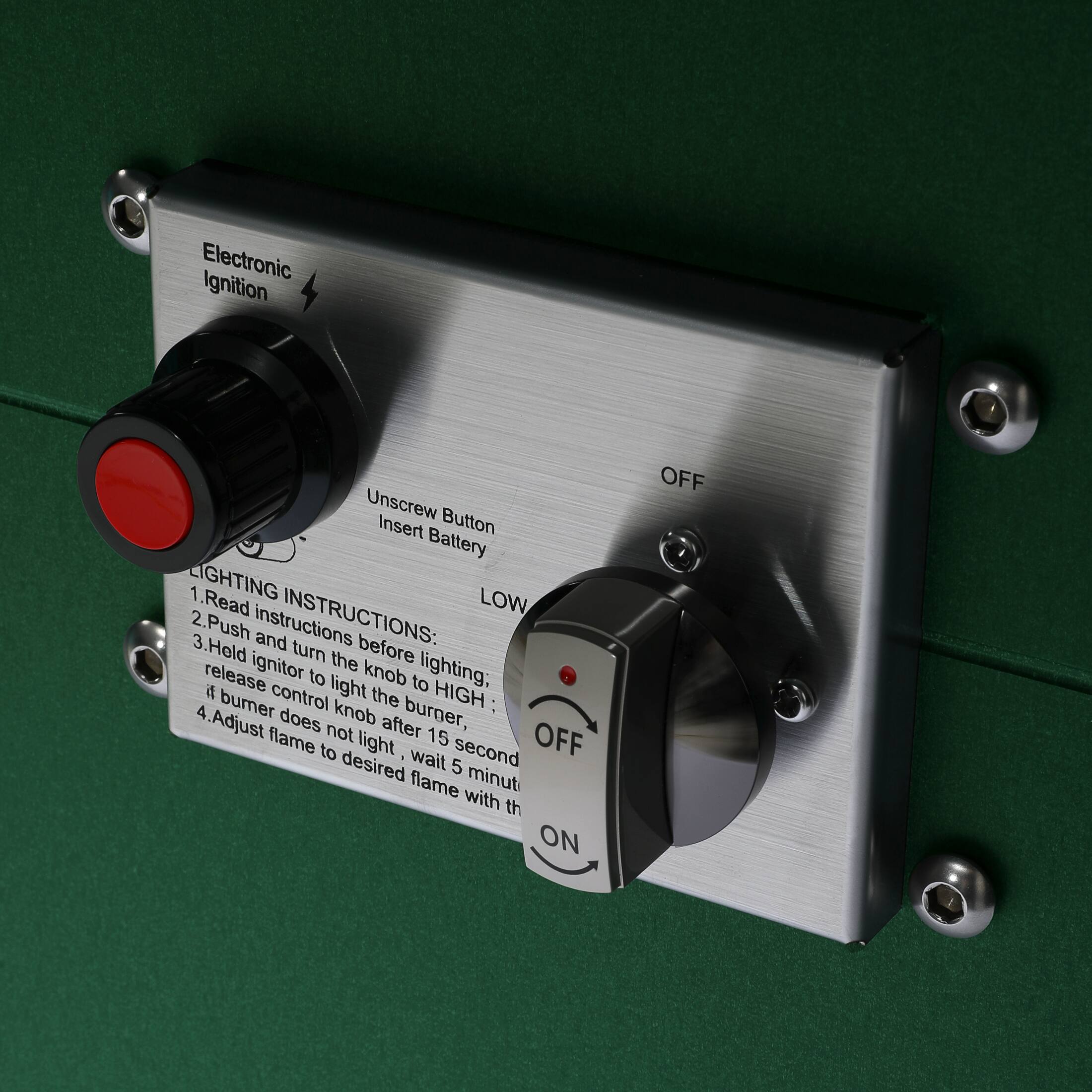 Electronic Ignition  
Unscrew Button  
Insert Battery  

LIGHTING INSTRUCTIONS:  
1. Read instructions before lighting.  
2. Push and turn the knob to HIGH.  
3. Hold ignitor to light the burner.  
4. If burner does not light, wait 15 seconds.  
5. Adjust flame to desired flame with the knob.