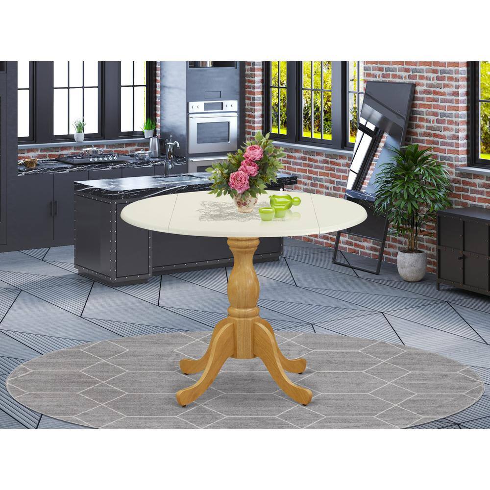 Angle. East West Furniture - East West Furniture Wood Dining Table with Drop Leaves - Linen White Table Top and Oak Pedestal Leg Finish - Multi-Color.