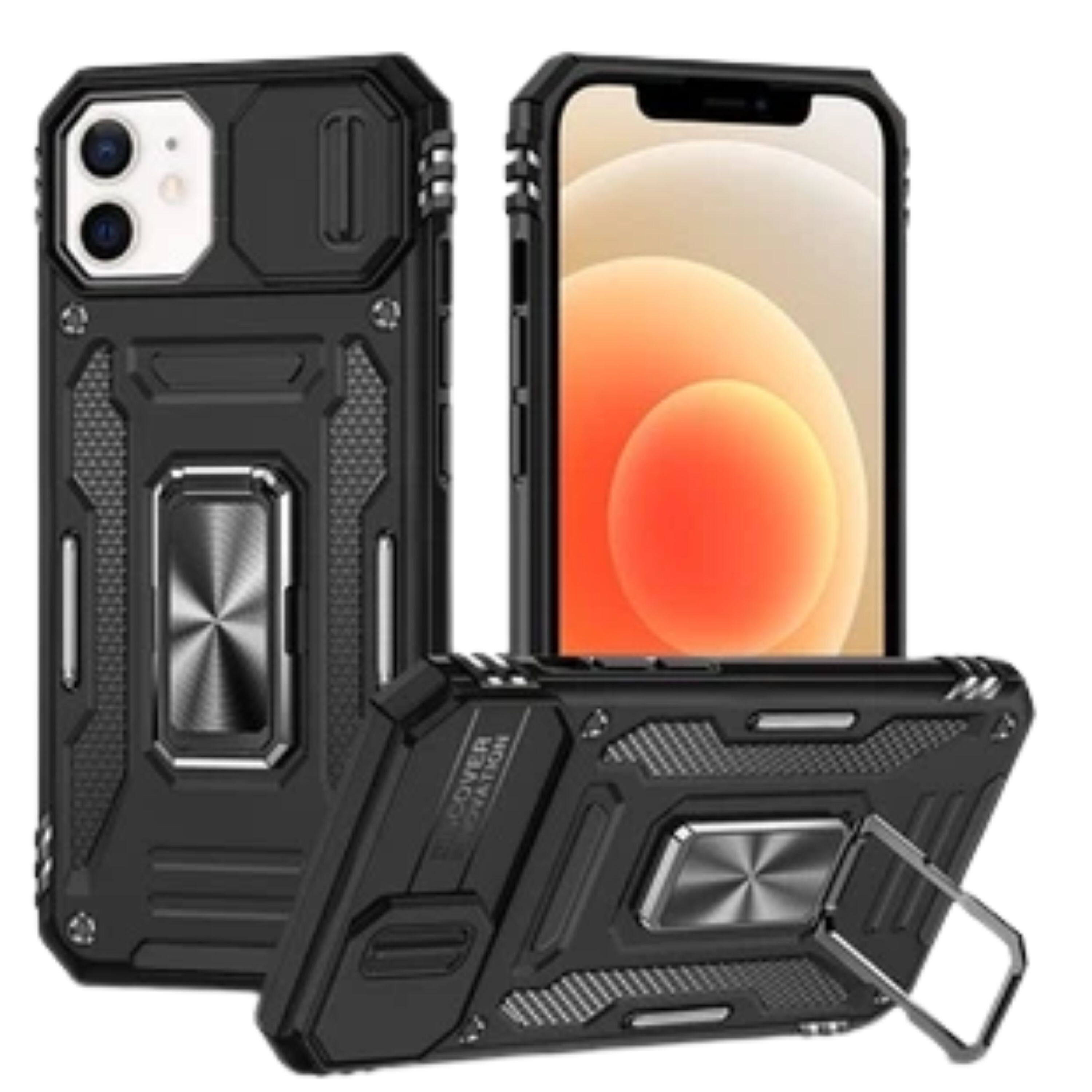 Angle. Kitcheniva - Dual Layer Shockproof Sliding Lens Cover Magnetic Ring Stand Phone Case With Tempered Glass For iPhone 12/12 Pro Black - Black.