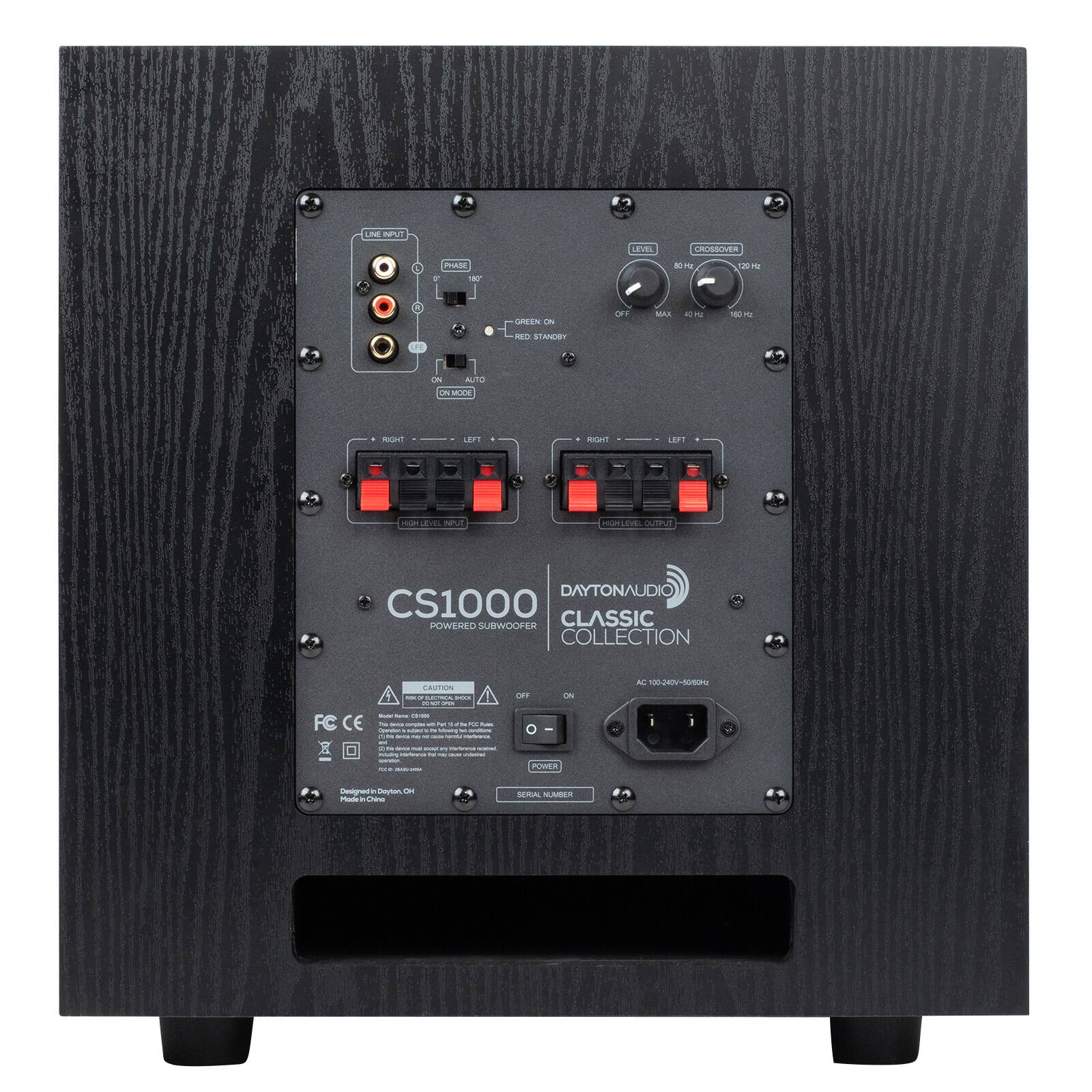 LIVE INPUT  
LEVEL  
CROSSOVER  
PHASE  
80Hz  
20 Hz  
X  
160  
F  
GREEN ON  
OFF  
MAX  
40 KZ  
100 Kz  
FC  
RED STANDBY  
ON  
AUTO  
ON MODE  
RIGHT  
LEFT  
RIGHT  
LEFT  
HIGH  
HIGHLEVEL OUTPUT  
DAYTONAUDIO CS1000 CLASSIC POWERED SUBWOOFER COLLECTION  
CAUTION  
LETRICK SHOCK  
OFF  
ON  
AC 100-240V-50/60Hz  
FC CE  
- - connee 014 - N is FOCTA Lessa COMPANY meday THE blowng milture 5 - 18 marferences.es and 90 PA Cook soyo " martemman nativational Supou ranner IN My - PARITE NEW -  
O  POWER  
Designed Dayton Of Plade Chime  
SERIAL NUMBER