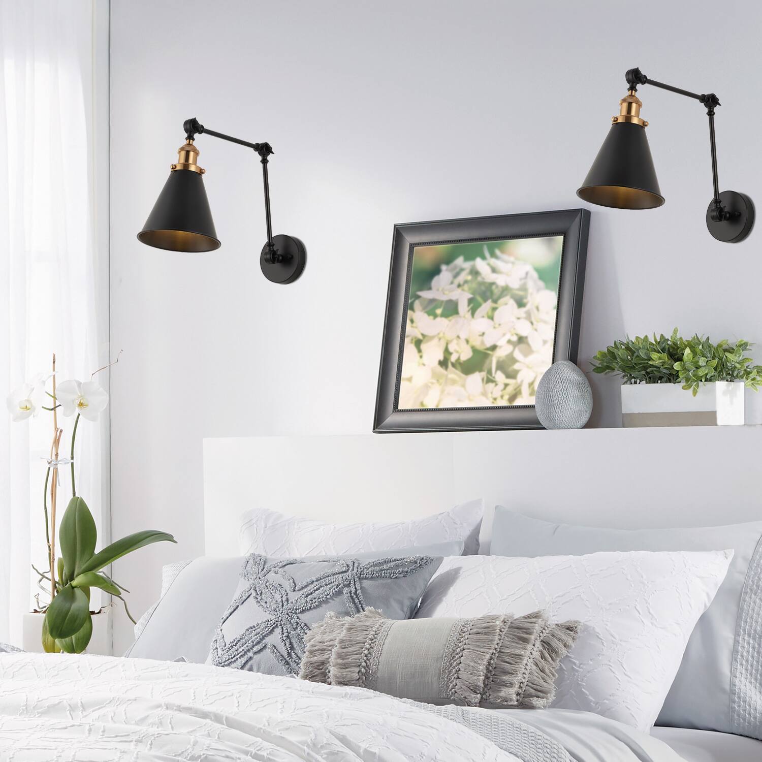Alt View 1. Jonathan Y - Rover 7" Classic Industrial Metal Adjustable Arm LED Wall Sconce, Black/Brass Gold (Set of 2) - Black.