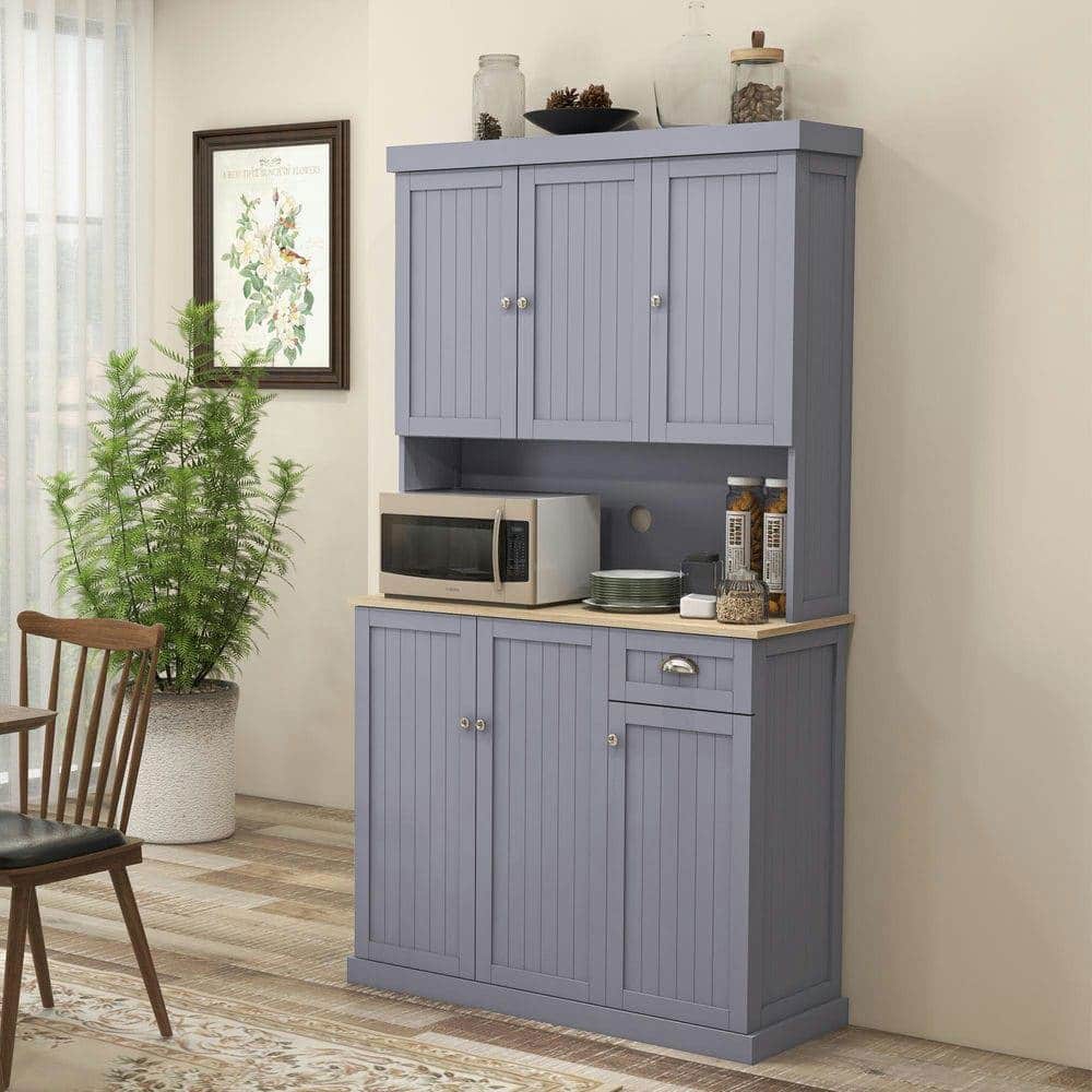 Kadyn - 71" Farmhouse Buffet with Hutch, Microwave Countertop and Drawer - Gray