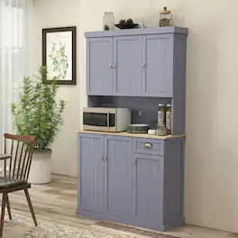 Kadyn - 71" Farmhouse Buffet with Hutch, Microwave Countertop and Drawer - Gray