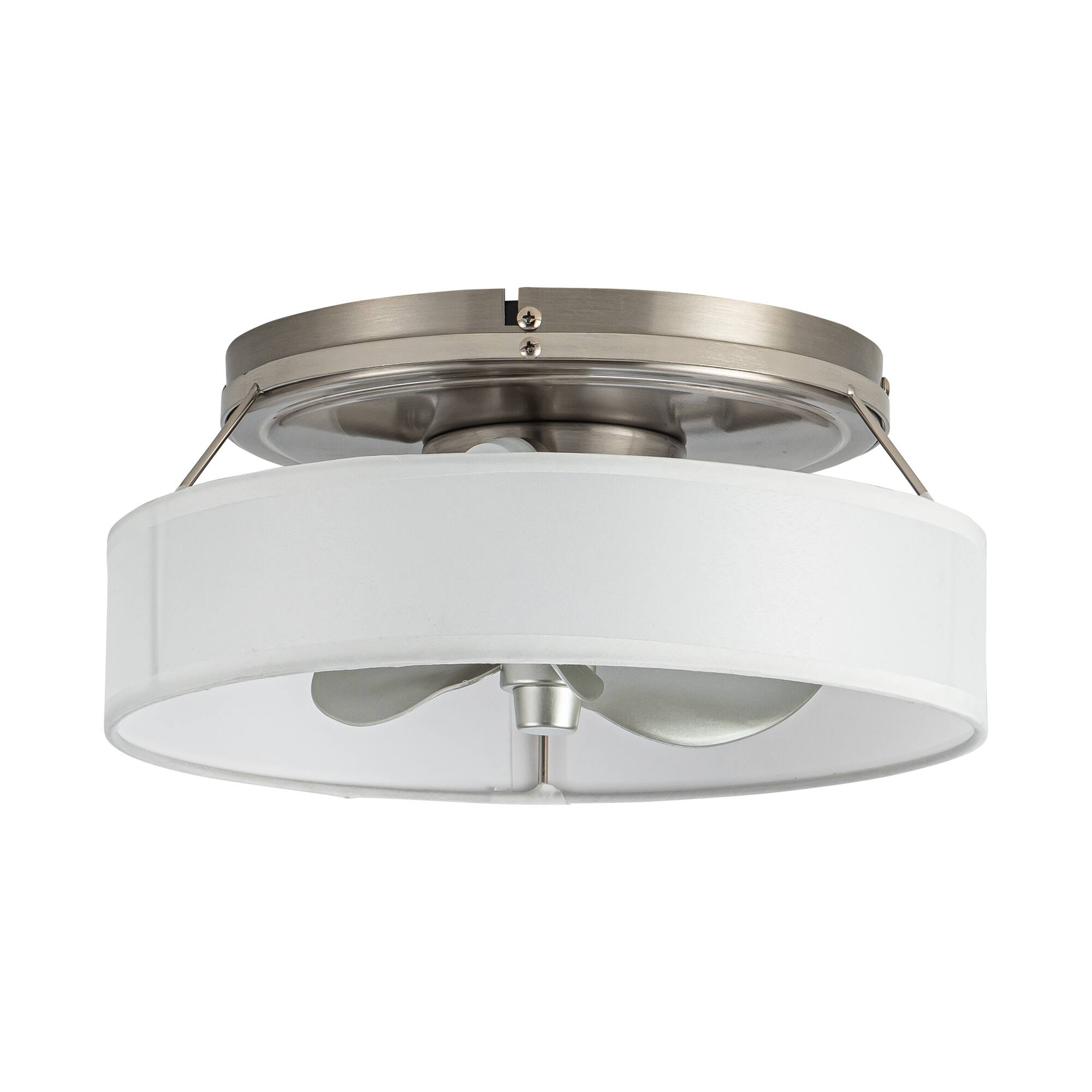 Angle. Parrot Uncle - 12.6" Satin Nickel Flush Mount Caged Ceiling Fan with Light and Remote - Nickel.