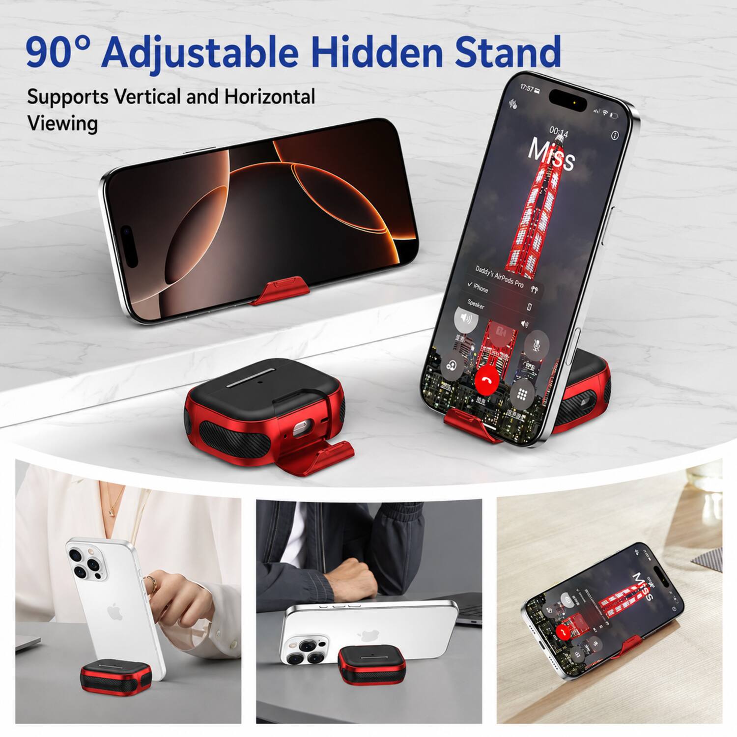 90° Adjustable Hidden Stand  
Supports Vertical and Horizontal Viewing  

Miss  
Daddy's AirPods + iPhone Pro " Speaker ETA