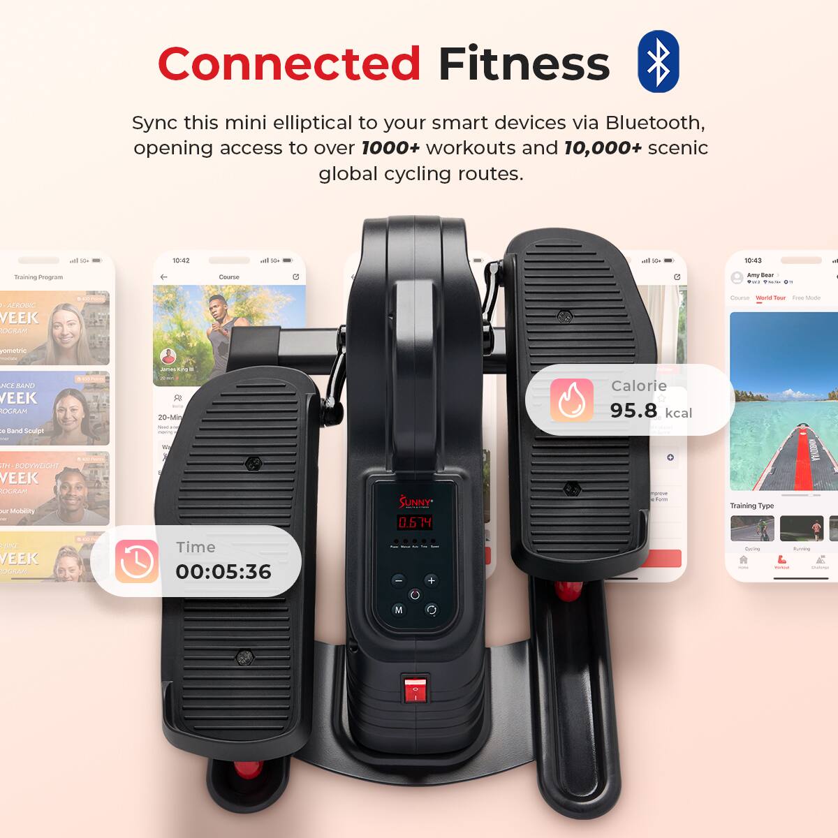 Connected Fitness

Sync this mini elliptical to your smart devices via Bluetooth, opening access to over 1000+ workouts and 10,000+ scenic global cycling routes.

- 10:42 - Training Program
- 10:43 - Course
- 20-Min
- Calorie 95.8 kcal
- Bodyweight Program
- Mobility
- Sunny 0.614
- Training Type
- Time 00:05:36
