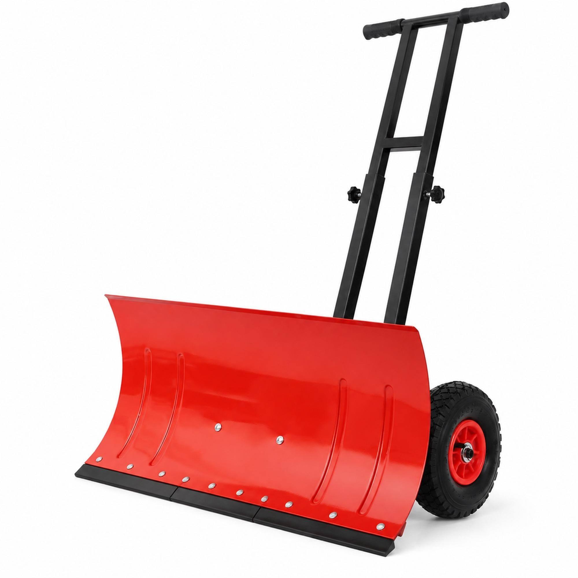 Front. RYHNUYNE - Dual Bar Snow Shovel with Wheels, 29 in Blade, 10 in Rubber Wheels, Adjustable Handle, Snow Pusher - Black+Red.