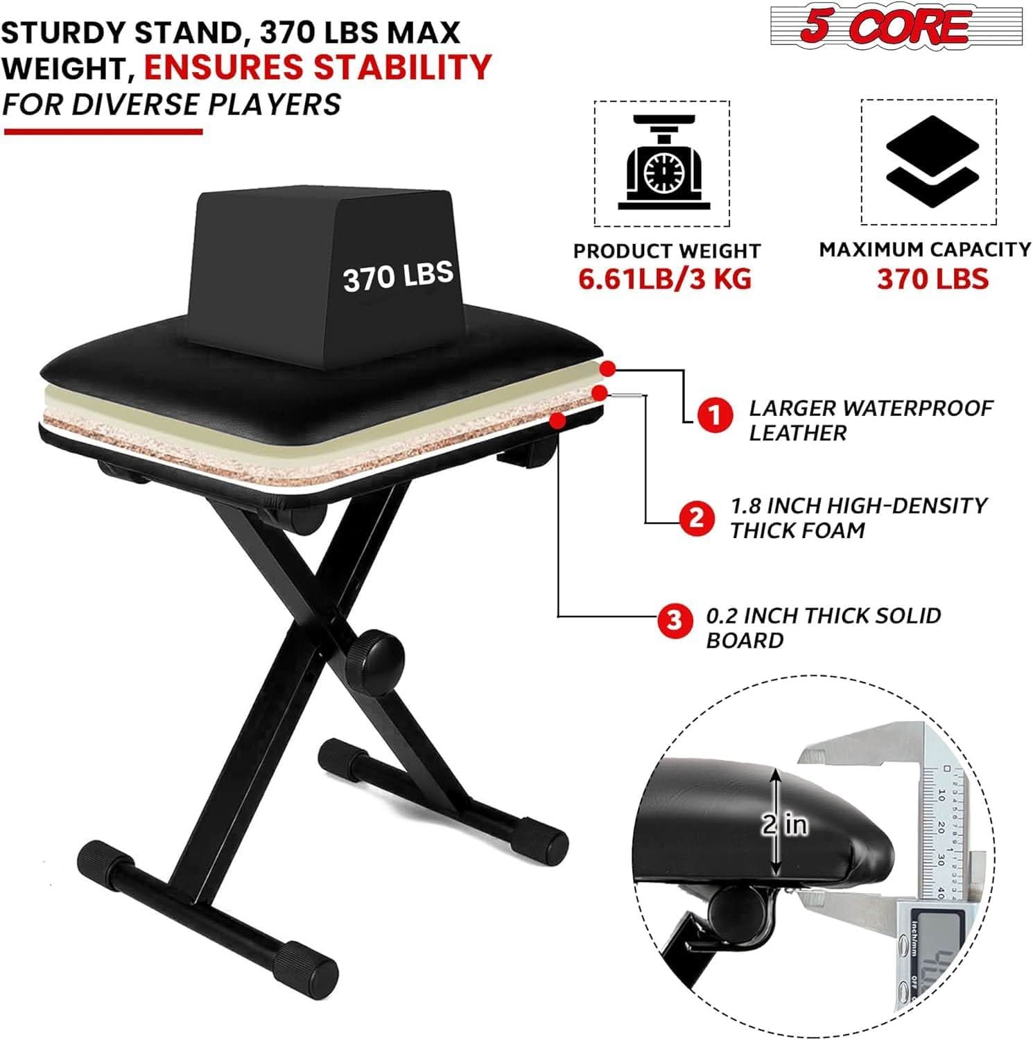 STURDY STAND, 370 LBS MAX WEIGHT, ENSURES STABILITY FOR DIVERSE PLAYERS 5 CORE 370 LBS PRODUCT WEIGHT 6.61LB/3 KG MAXIMUM CAPACITY 370 LBS 1 LARGER WATERPROOF LEATHER 2 1.8 INCH HIGH-DENSITY THICK FOAM 3 0.2 INCH THICK SOLID BOARD a 2 in 10  30  E aD