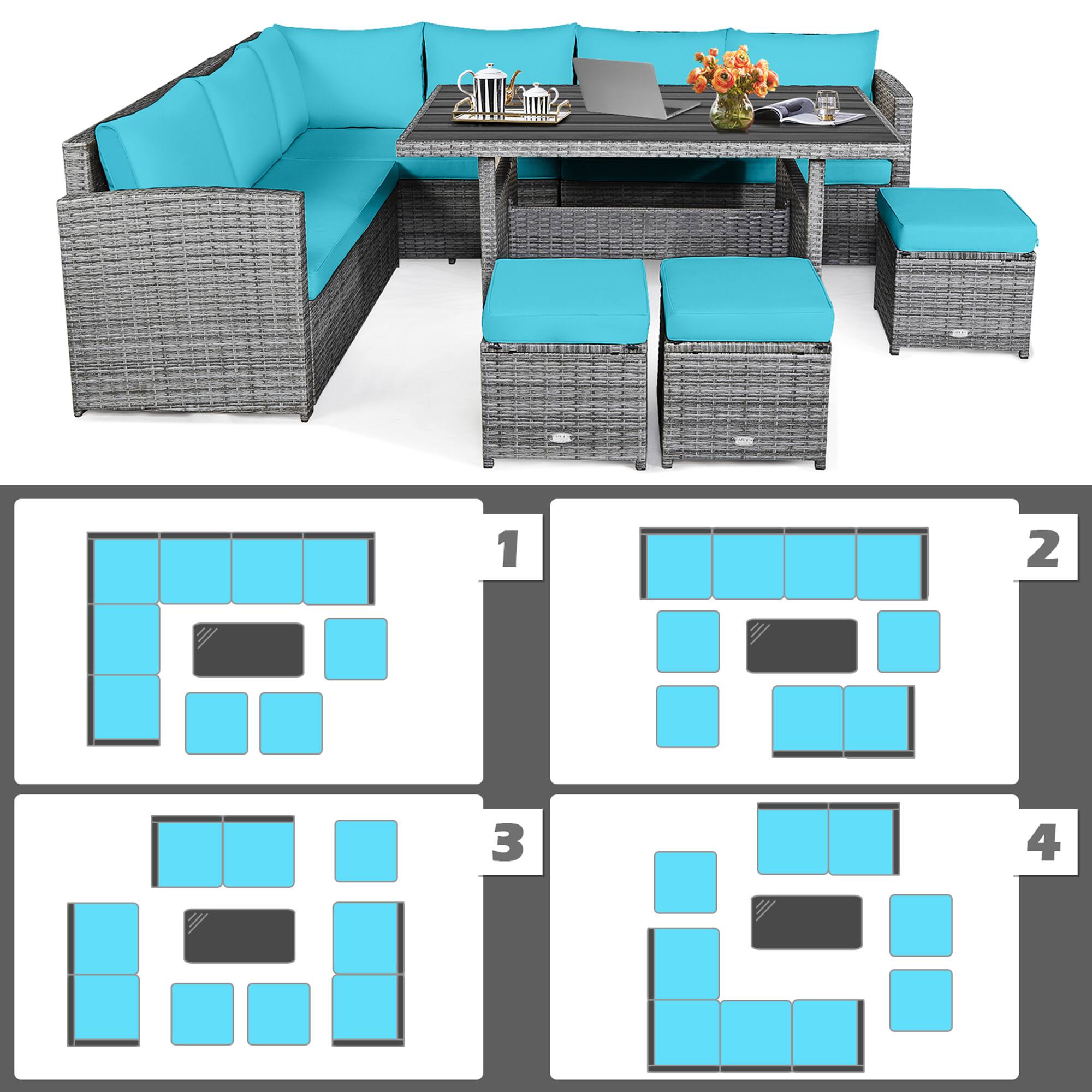 Alt View 5. Gymax - Gymax 7PCS Rattan Patio Sectional Sofa Set Conversation Set w/ Turquoise Cushions - Turquoise.