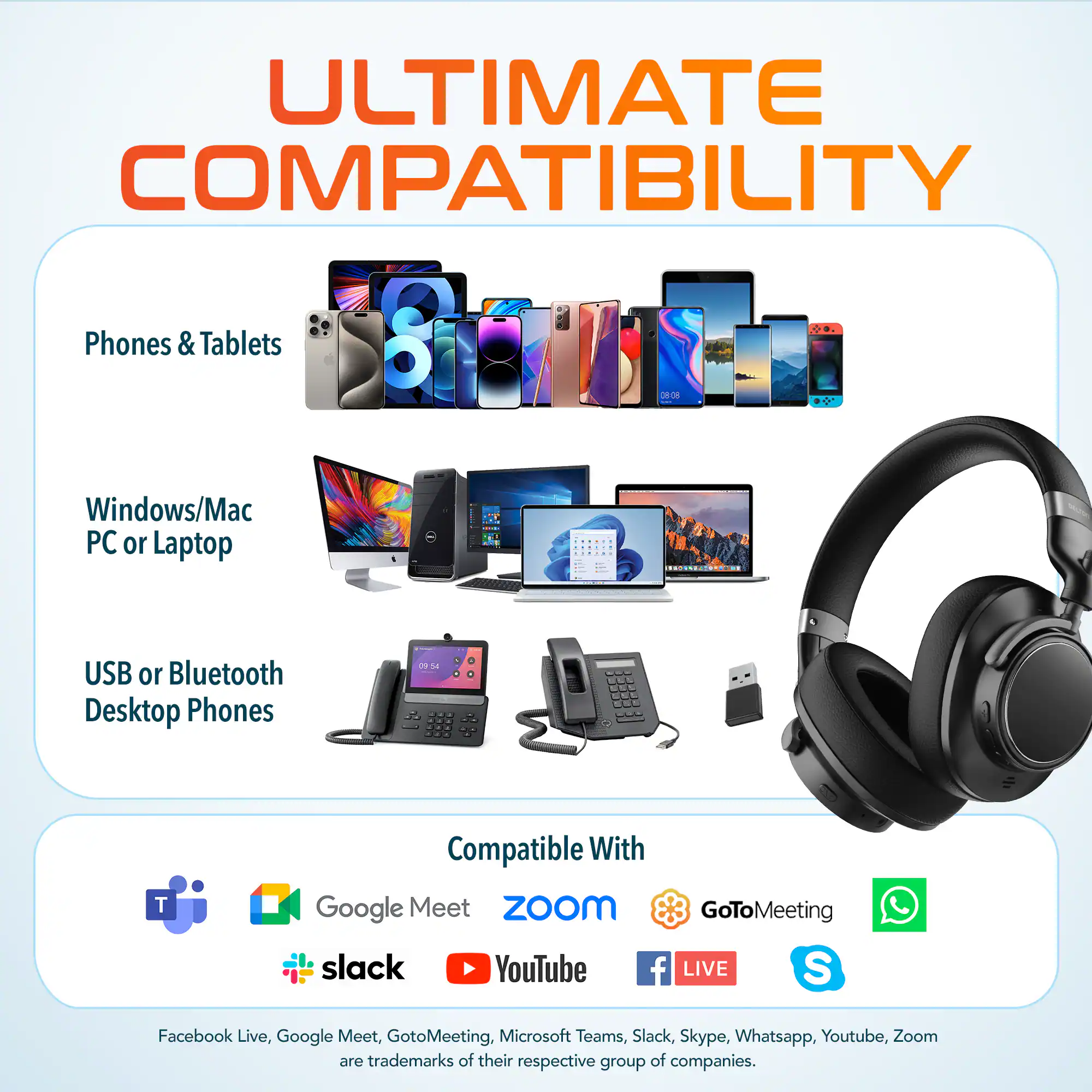 ULTIMATE COMPATIBILITY

Phones & Tablets
Windows/Mac PC or Laptop
USB or Bluetooth Desktop Phones

Compatible With
Google Meet Zoom GoToMeeting slack YouTube f LIVE S Facebook Live, Google Meet, GotoMeeting, Microsoft Teams, Slack, Skype, Whatsapp, Youtube, Zoom are trademarks of their respective group of companies.