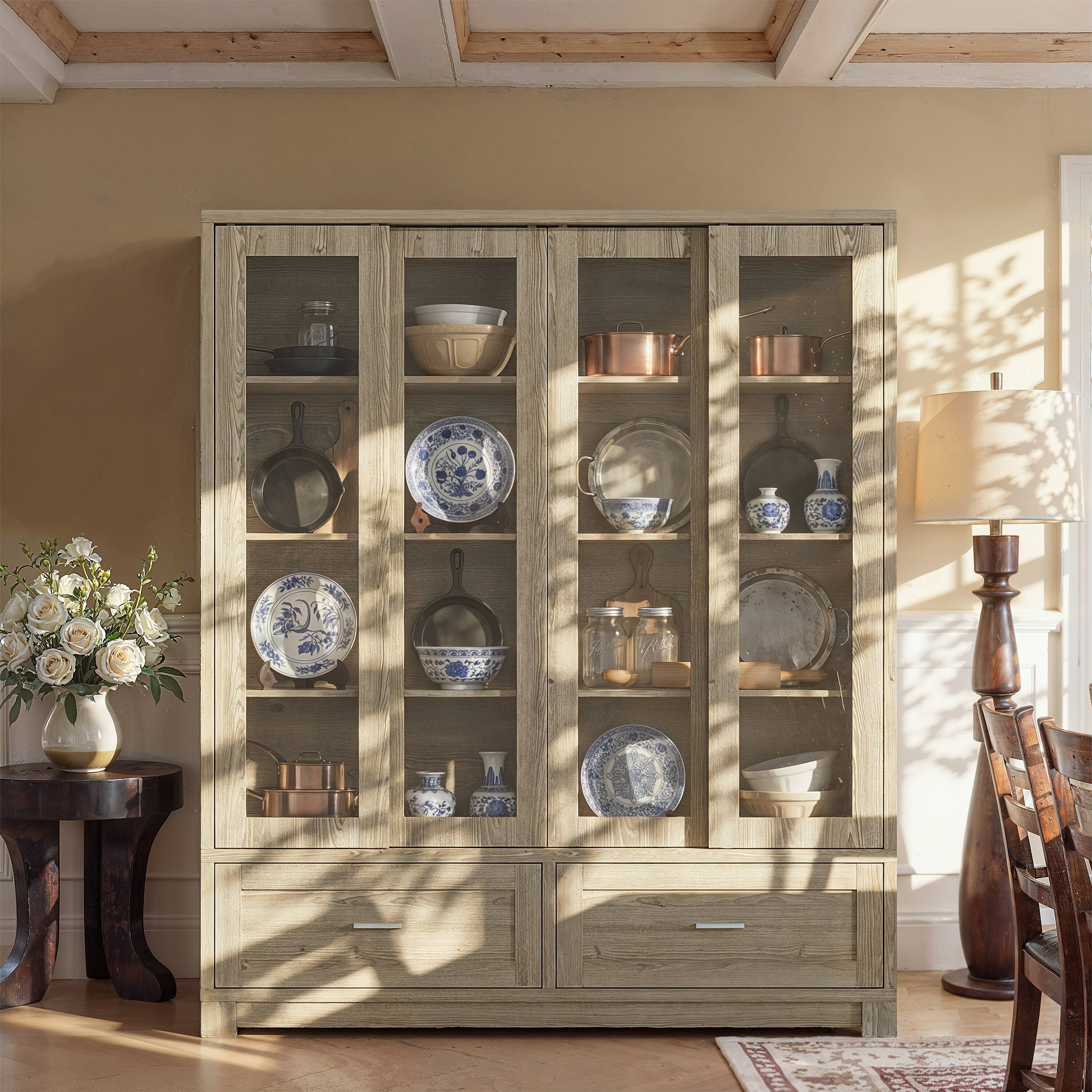 Alt View 8. Famapy - Glass Door Display Bookcase, Wood Grain Storage Cabinet with Fixed Shelves.