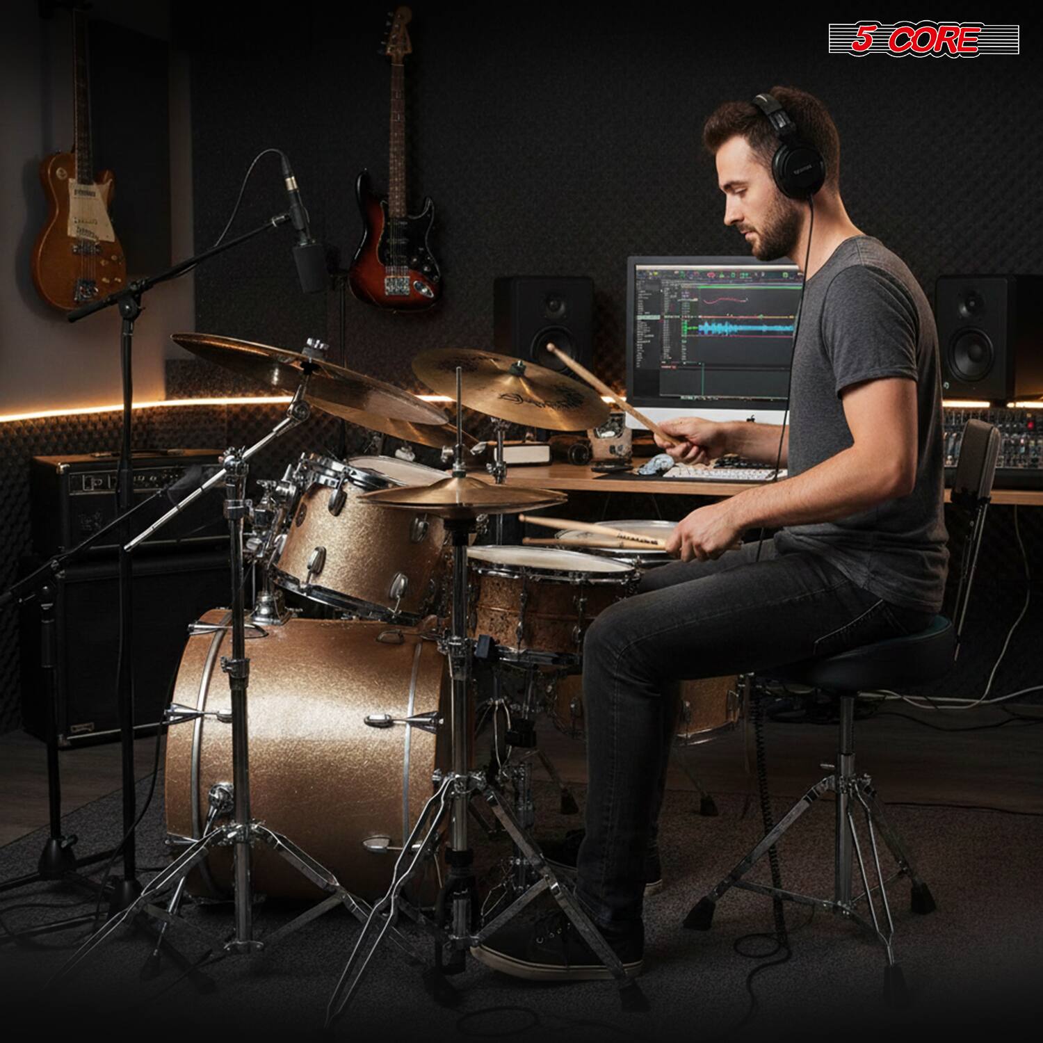 Alt View 5. 5 CORE - 5 Core Drum Throne w Backrest 4" Padded Stool Airlift 25" Adjustable Drummer Stool 441Lb Capacity - Green.