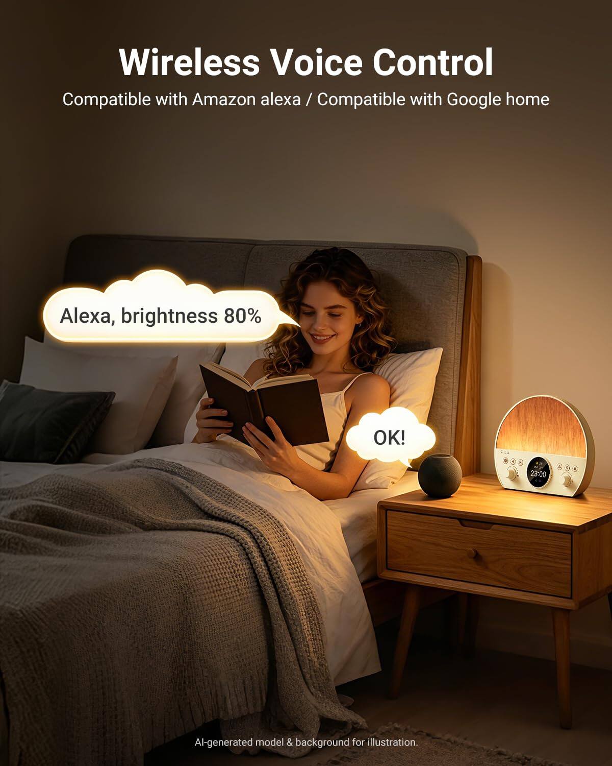 Wireless Voice Control  
Compatible with Amazon Alexa / Compatible with Google Home  
Alexa, brightness 80%  
OK!  

1 23:00 4 1  

AI-generated model & background for illustration.