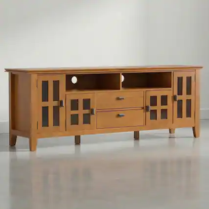 Front. Simpli Home - Artisan 72 inch Wide Solid Wood TV Stand, Warm Honey Brown - Warm Honey Brown.