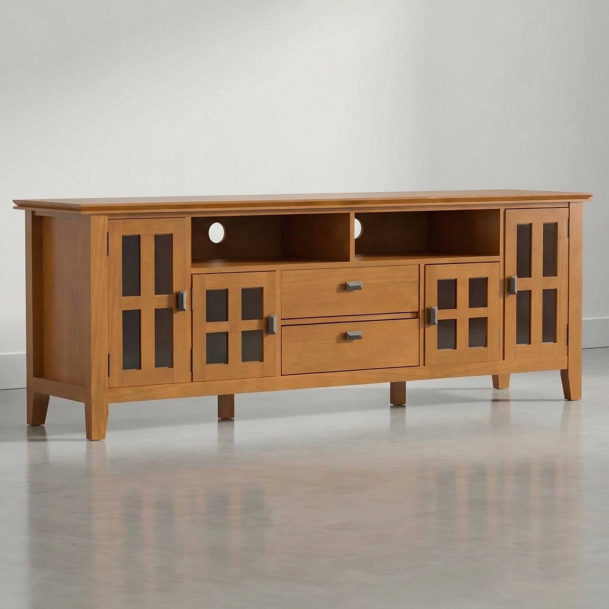 Front. Simpli Home - Artisan 72 inch Wide Solid Wood TV Stand, Warm Honey Brown - Warm Honey Brown.