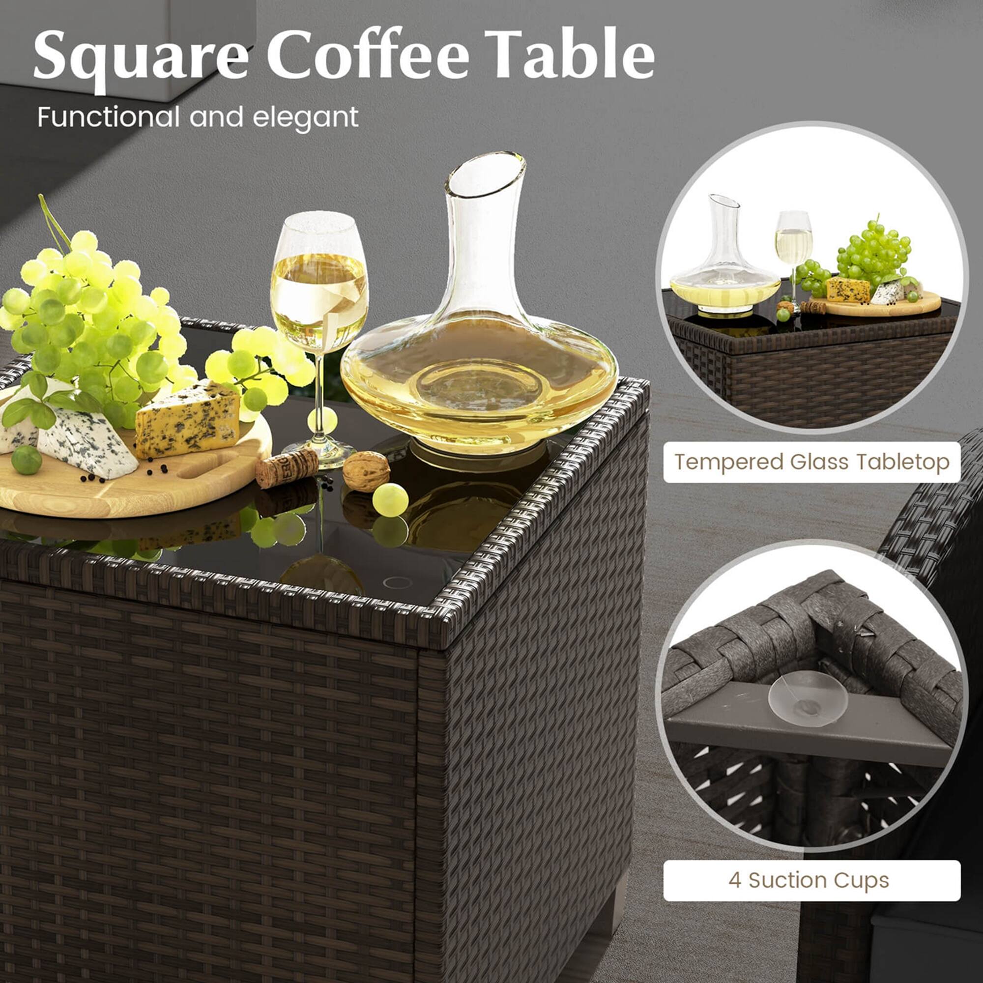 Square Coffee Table Functional and elegant Tempered Glass Tabletop 4 Suction Cups