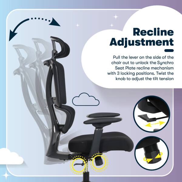 Recline Adjustment  
Pull the lever on the side of the chair out to unlock the Synchro Seat Plate recline mechanism with 3 locking positions. Twist the knob to adjust the tilt tension.