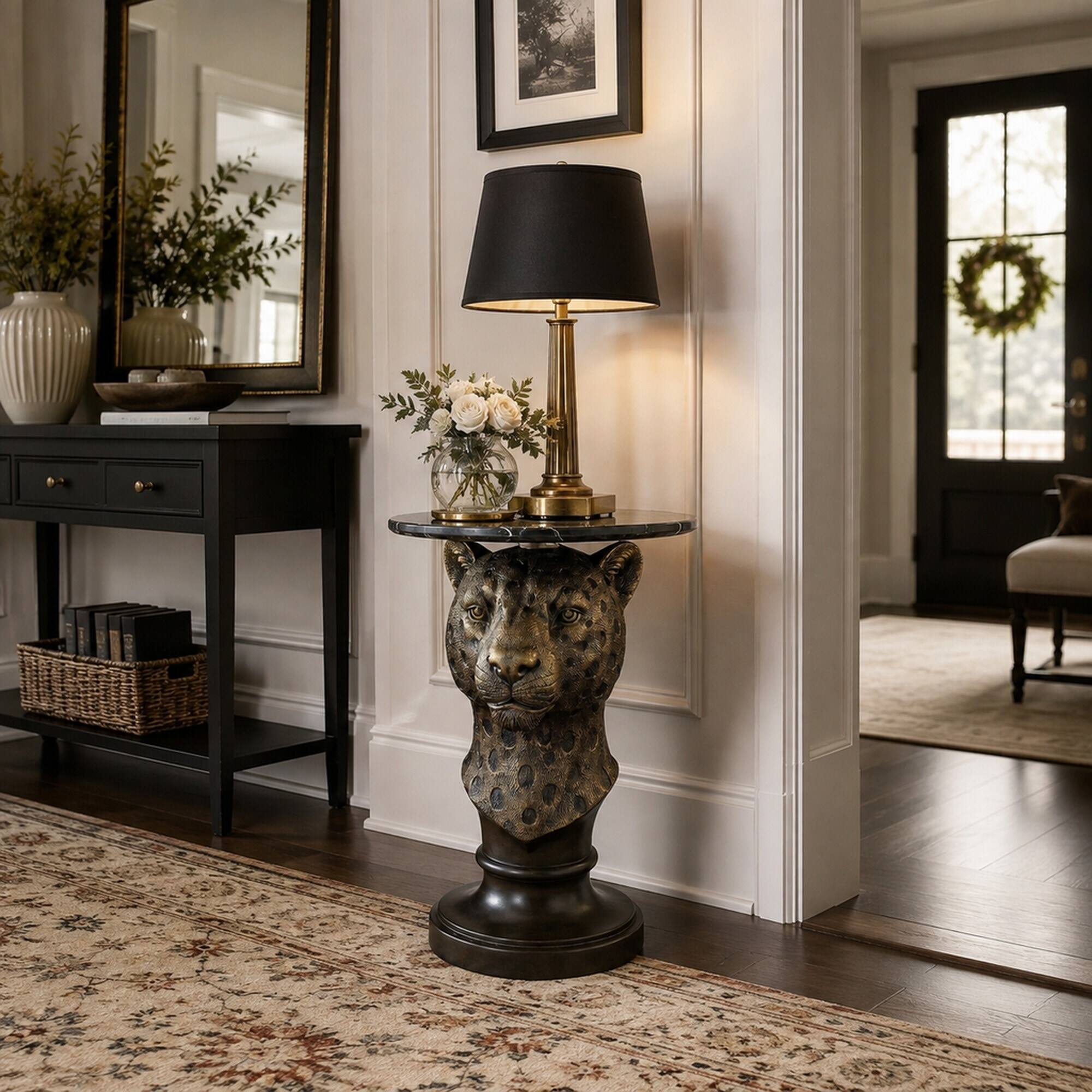 Alt View 1. RYHNUYNE - Leopard Head Accent Table with Round Faux Marble Top for Living Room, Hallway, or Boutique Display - brown.