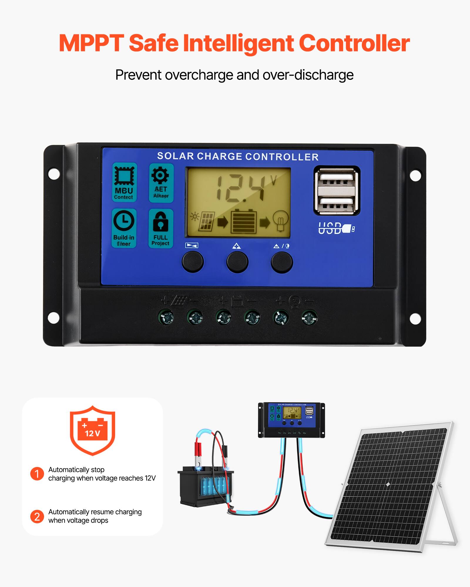 MPPT Safe Intelligent Controller  
Prevent overcharge and over-discharge  

MBU Contact  
Build-in Filter  

SOLAR CHARGE CONTROLLER  
Aikeer AET  

Automatically stop charging when voltage reaches 12V  
Automatically resume charging when voltage drops
