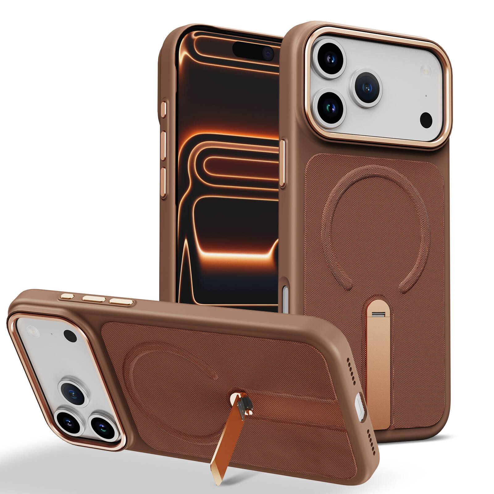 Dteck - Mag Safe Rugged Case For Apple iPhone 17 Pro Max Shockproof Non-slip Leather Foldable Kickstand Cover - Desertgold