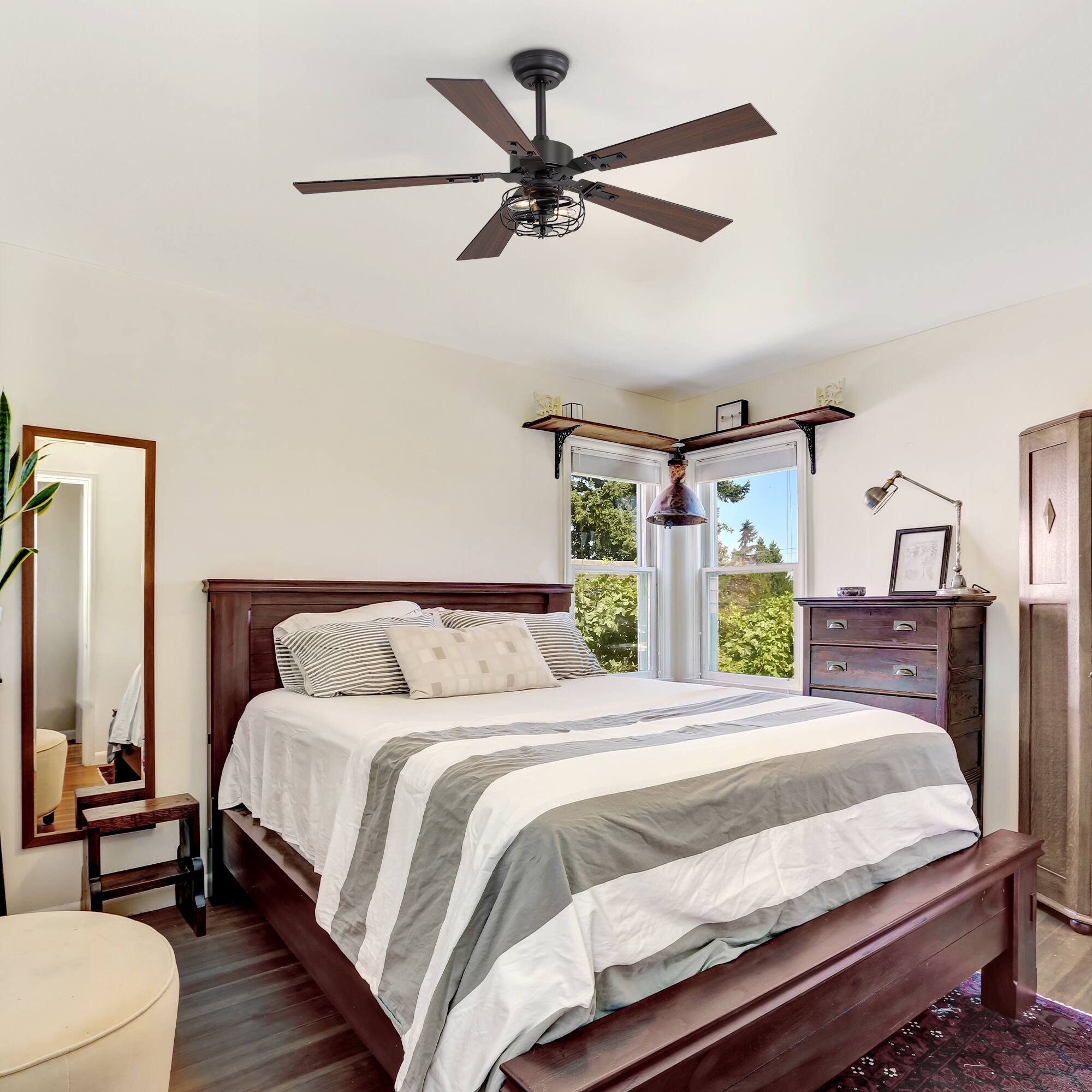 Alt View 2. Breezary - 48" Indoor Ceiling Fan with Light Kit and Remote, 6-Speed DC Motor, Timer, 5 Plywood Blades, 4''/8'' Downrods - Matte Black.