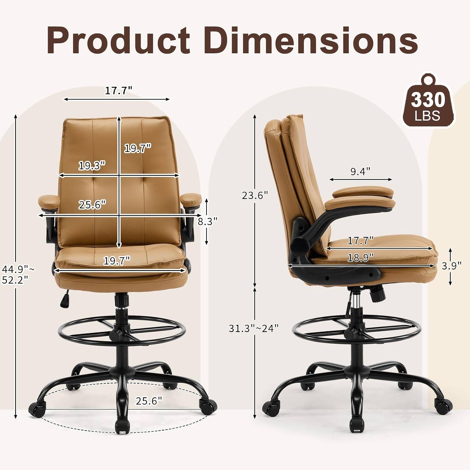Product Dimensions
17.7"
330 LBS
19.3"
19.7"
9.4"
25.6"
8.3"
23.6"
44.9"~ 52.2"
19.7"
17.7" 18.9"
3.9"
31.3"~24"
25.6"