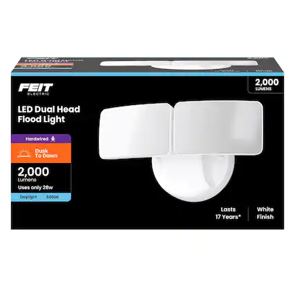 FEIT ELECTRIC
LED Dual Head Flood Light
Hardwired
Dusk To Dawn
2,000 Lumens
Uses only 28w
Daylight 5000K
Lasts 17 Years*
White Finish