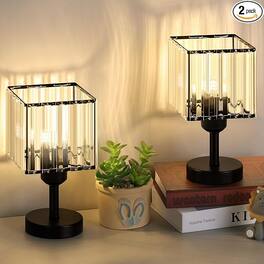 Oumilen - Black Crystal Table Lamp Set of 2, Small Crystal Shade Nightstand Lamps for Bedroom Living Room